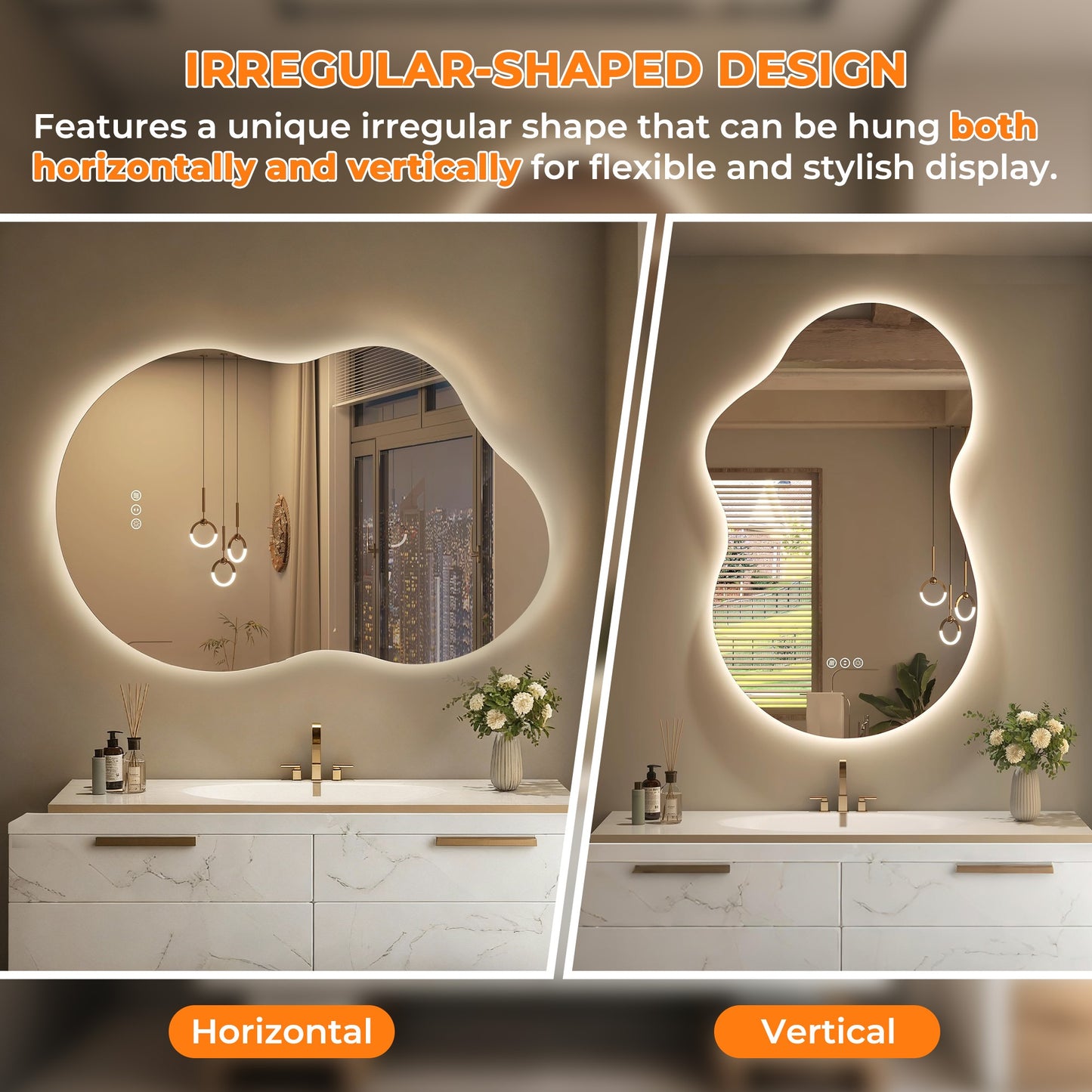 Vanityfus 24-in W 40-in H Irregular Frameless Wall-Mounted Beveled Dimmable LED Lighted Fog Free Bathroom Vanity Mirror in silver