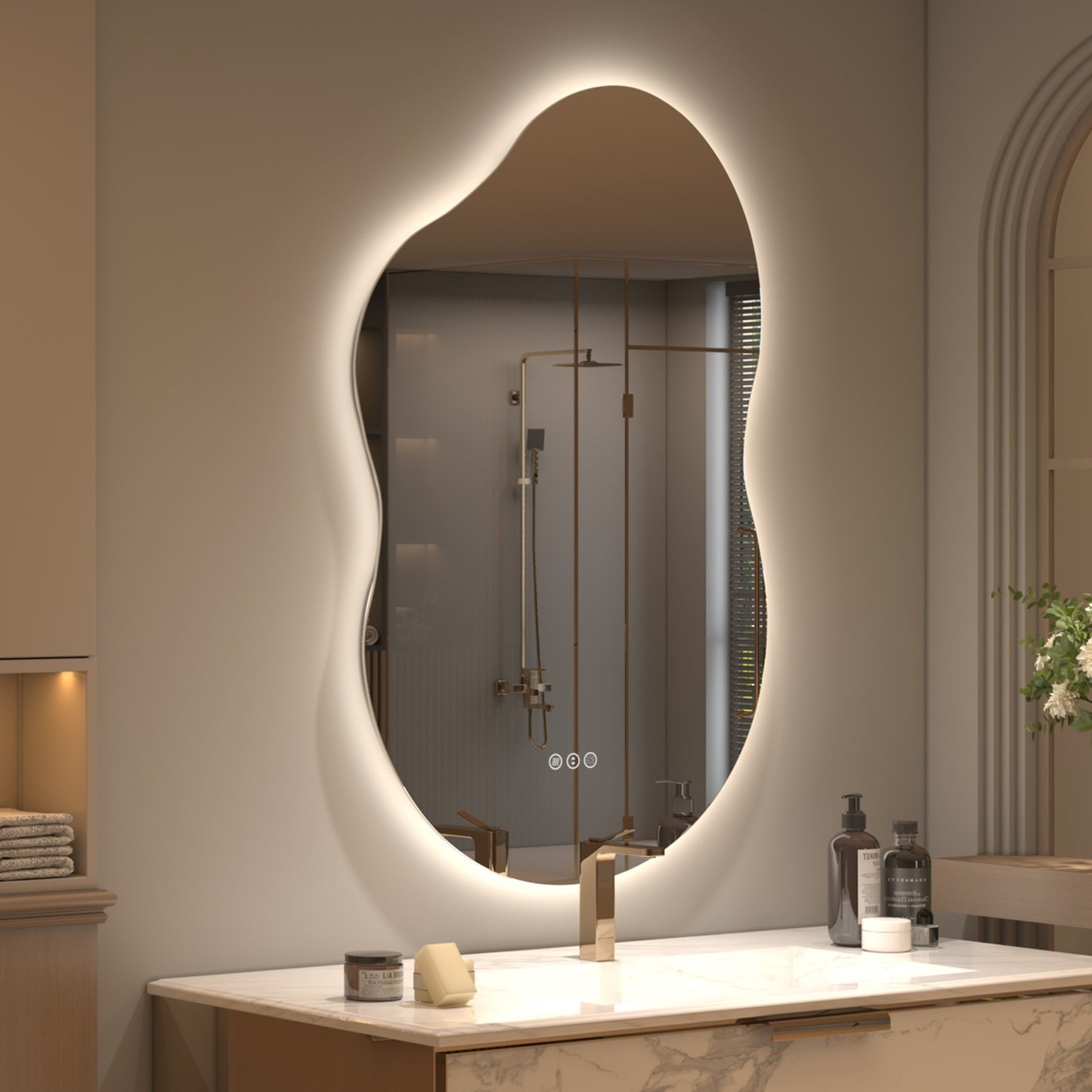 Vanityfus 32-in W 60-in H Irregular Frameless Wall-Mounted Beveled Dimmable LED Lighted Fog Free Bathroom Vanity Mirror in silver