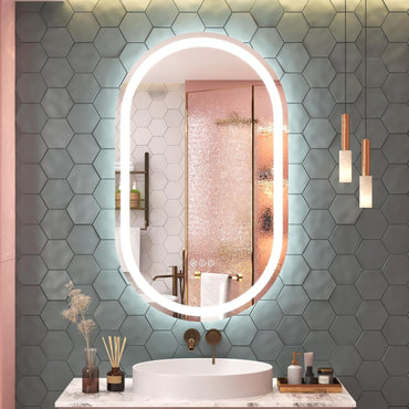 Vanityfus 20-in W 40-in H Oval Frameless Wall-Mounted Beveled Dimmable LED Lighted Fog Free Bathroom Vanity Mirror in silver