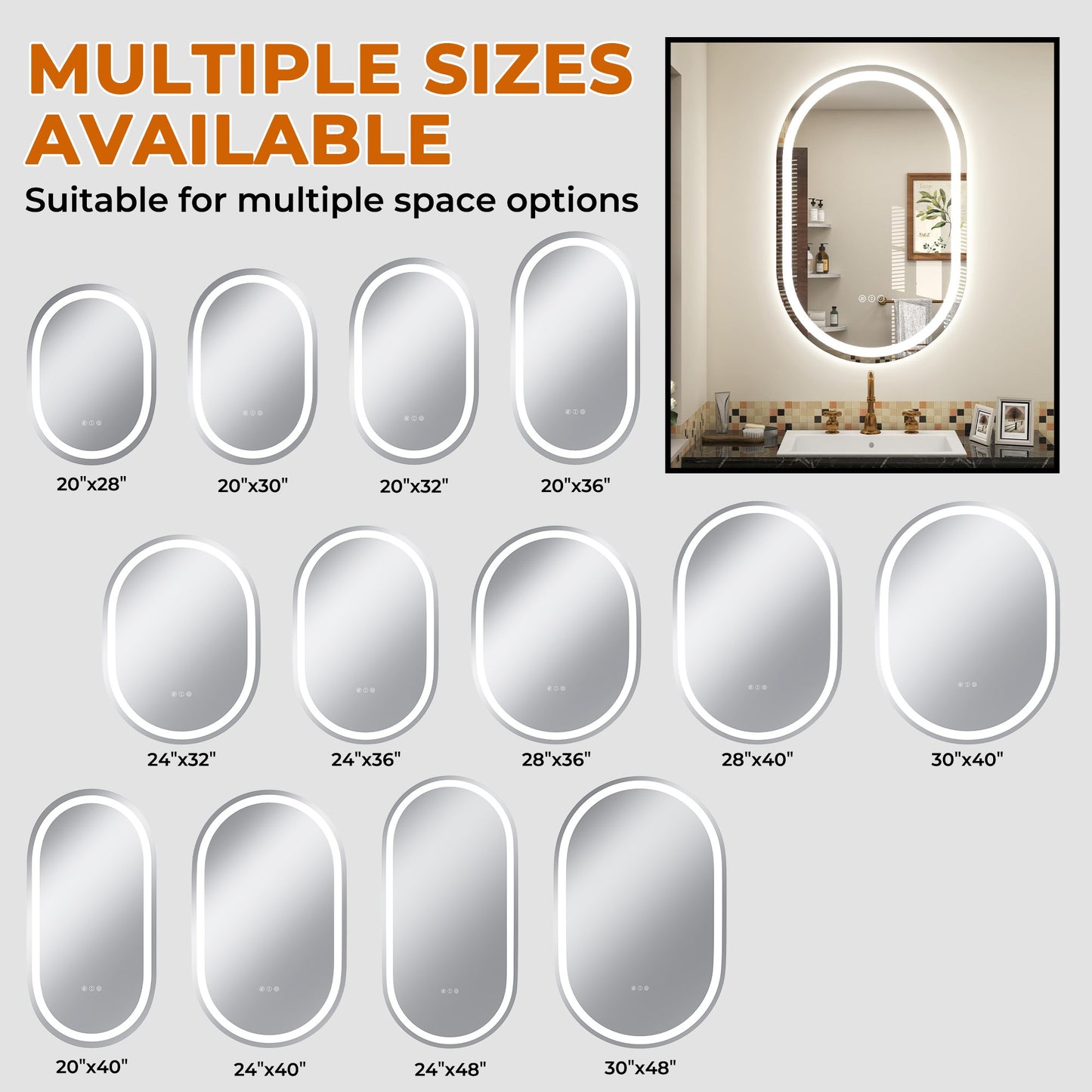 Vanityfus 20-in W 40-in H Oval Frameless Wall-Mounted Beveled Dimmable LED Lighted Fog Free Bathroom Vanity Mirror in silver