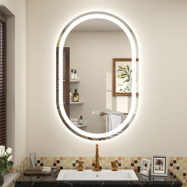 Vanityfus 20-in W 30-in H Oval Frameless Wall-Mounted Beveled Dimmable LED Lighted Fog Free Bathroom Vanity Mirror in silver