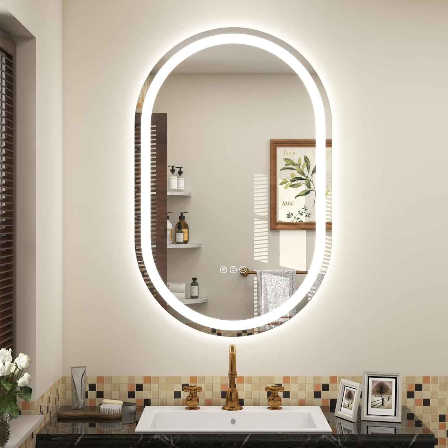 Vanityfus 20-in W 32-in H Oval Frameless Wall-Mounted Beveled Dimmable LED Lighted Fog Free Bathroom Vanity Mirror in silver