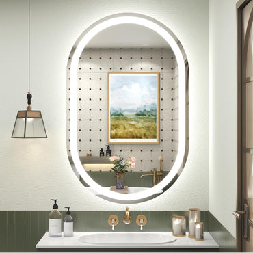 Vanityfus 24-in W 36-in H Oval Frameless Wall-Mounted Beveled Dimmable LED Lighted Fog Free Bathroom Vanity Mirror in silver