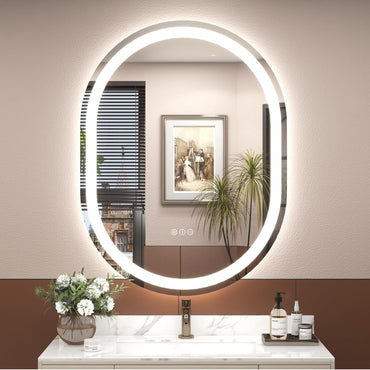 Vanityfus 28-in W 36-in H Oval Frameless Wall-Mounted Beveled Dimmable LED Lighted Fog Free Bathroom Vanity Mirror in silver