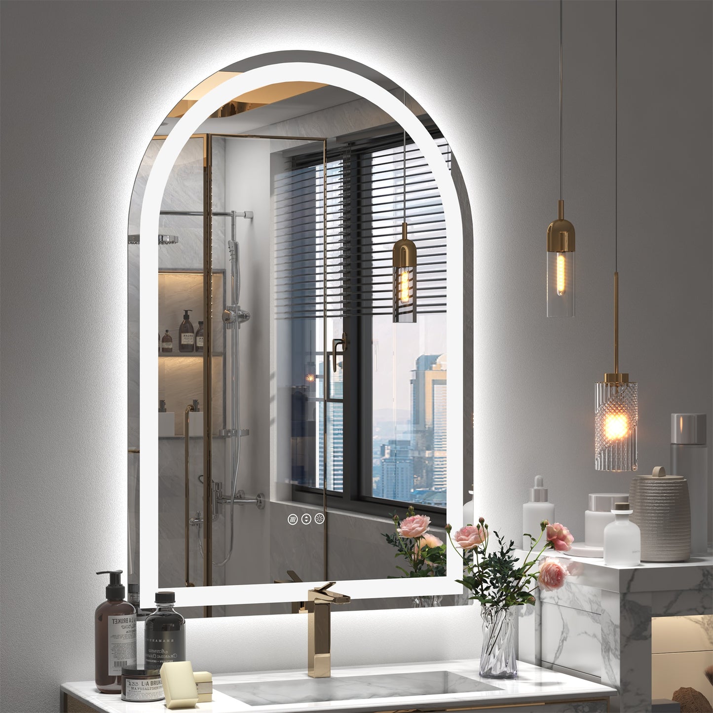 Vanityfus 20-in W 30-in H Arch Frameless Wall-Mounted Beveled Dimmable LED Lighted Fog Free Bathroom Vanity Mirror in silver