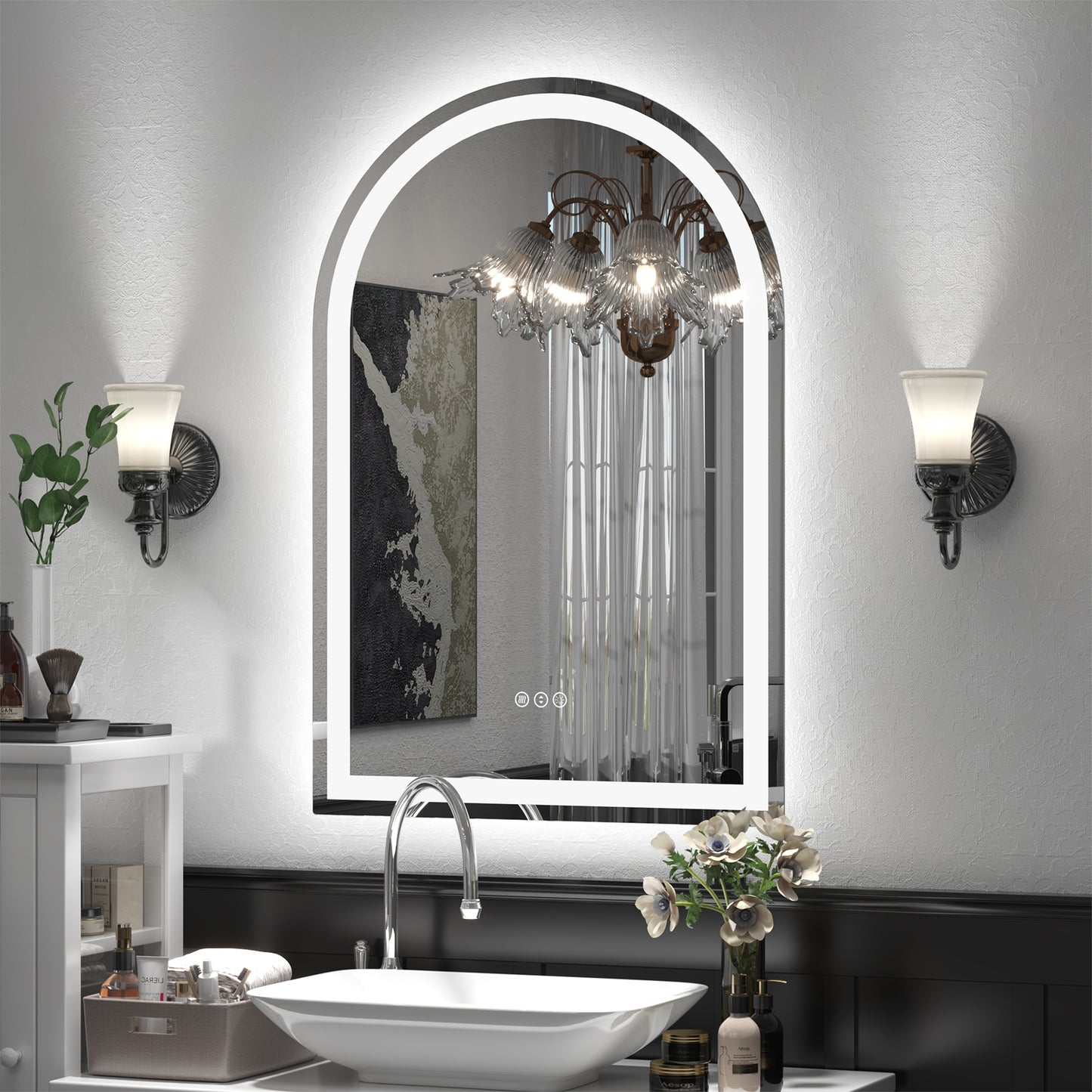 Vanityfus 22-in W 32-in H Arch Frameless Wall-Mounted Beveled Dimmable LED Lighted Fog Free Bathroom Vanity Mirror in silver