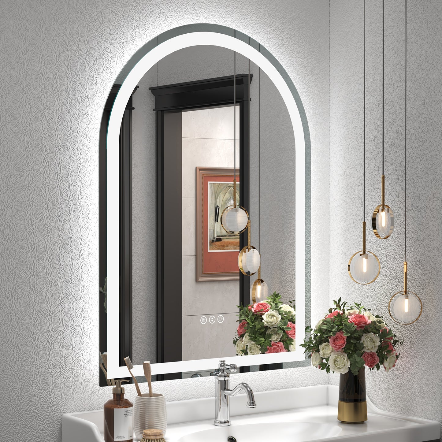 Vanityfus 26-in W 38-in H Arch Frameless Wall-Mounted Beveled Dimmable LED Lighted Fog Free Bathroom Vanity Mirror in silver