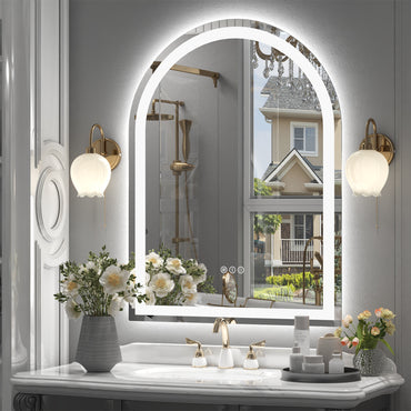 Vanityfus 28-in W 38-in H Arch Frameless Wall-Mounted Beveled Dimmable LED Lighted Fog Free Bathroom Vanity Mirror in silver