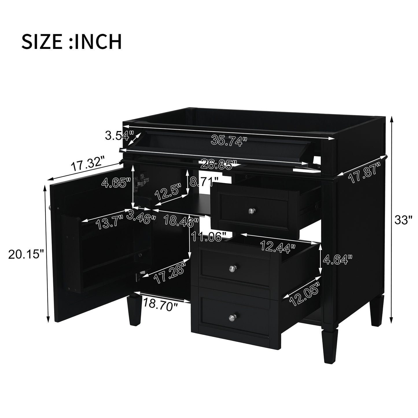VanityFus 35.74-in Black Bathroom Vanity Single Sink Combo Undermount 1 Soft Close Door 3 Drawers Adjustable Shelves
