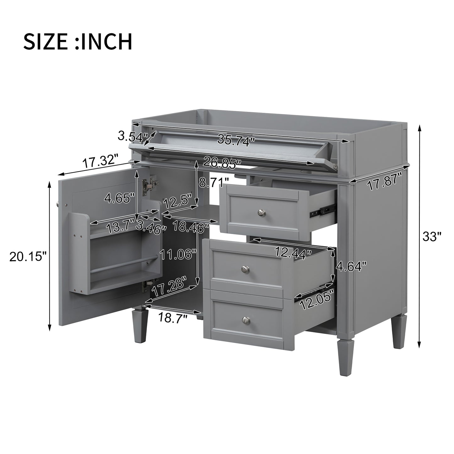 VanityFus 35.74-in Gray Bathroom Vanity Undermount 1 Soft Close Door 3 Drawers without Top