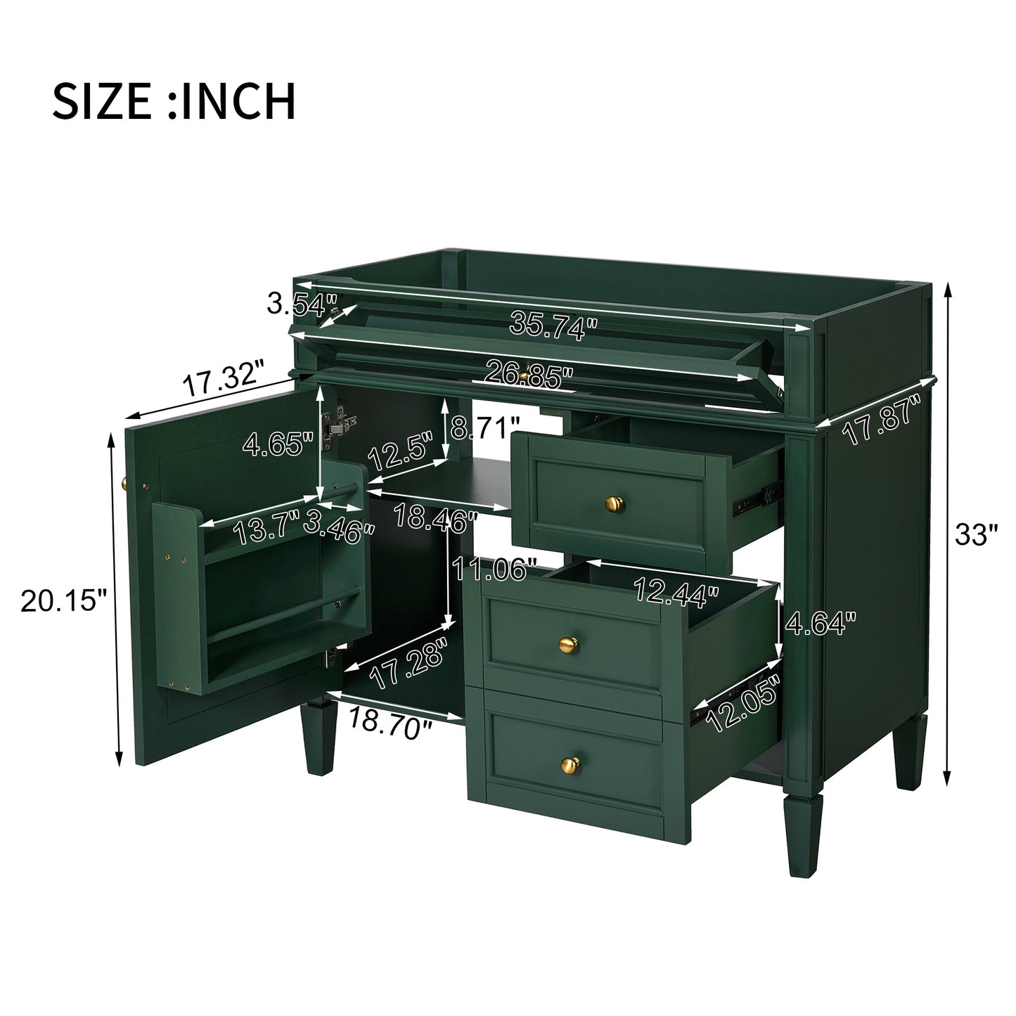 VanityFus 35.74-in Green Bathroom Vanity Single Sink Combo Undermount 1 Soft Close Door 3 Drawers Adjustable Shelves