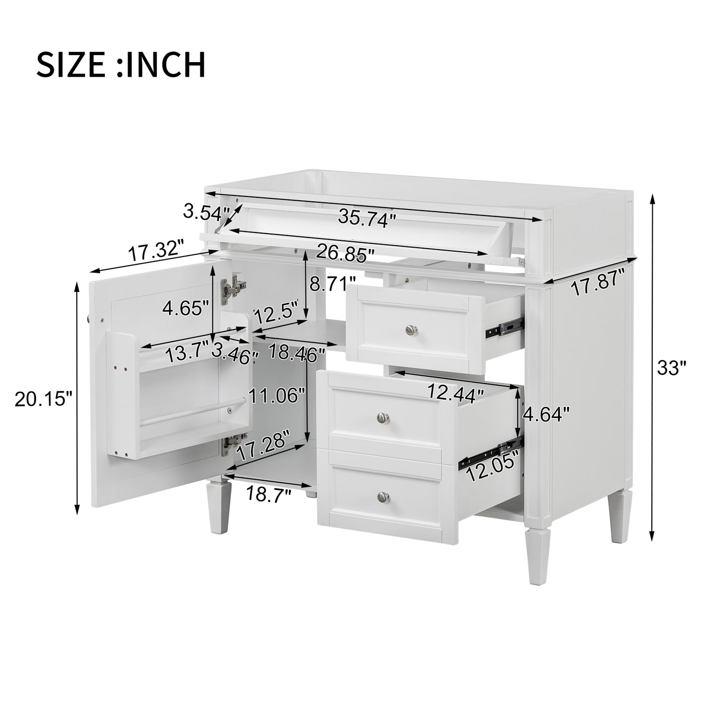 VanityFus 35.74-in White Bathroom Vanity Undermount 1 Soft Close Door 3 Drawers without Top