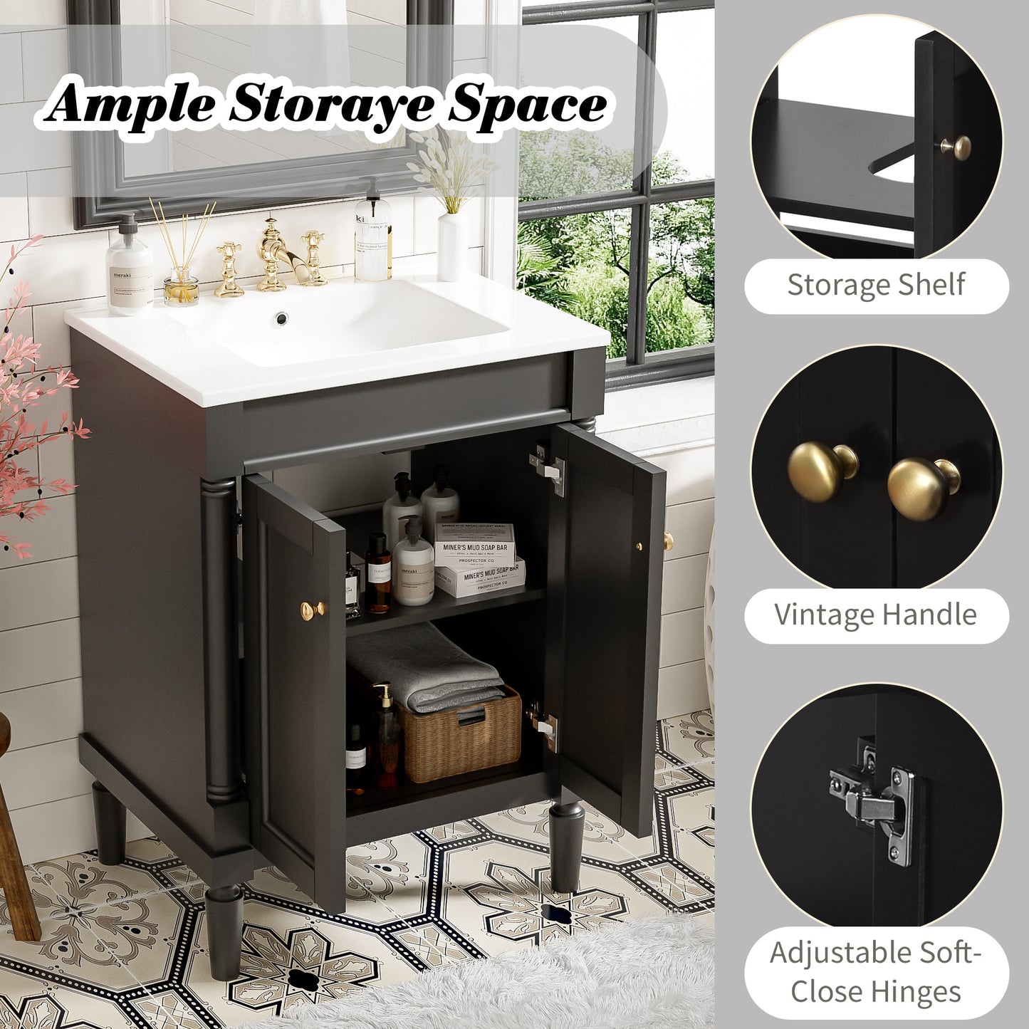 VanityFus 24-in Black Bathroom Vanity Single Sink Combo with Ceramic Top Undermount 2 Soft Close Doors