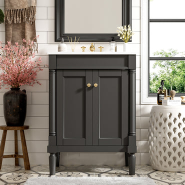 VanityFus 24-in Black Bathroom Vanity Single Sink Combo with Ceramic Top Undermount 2 Soft Close Doors