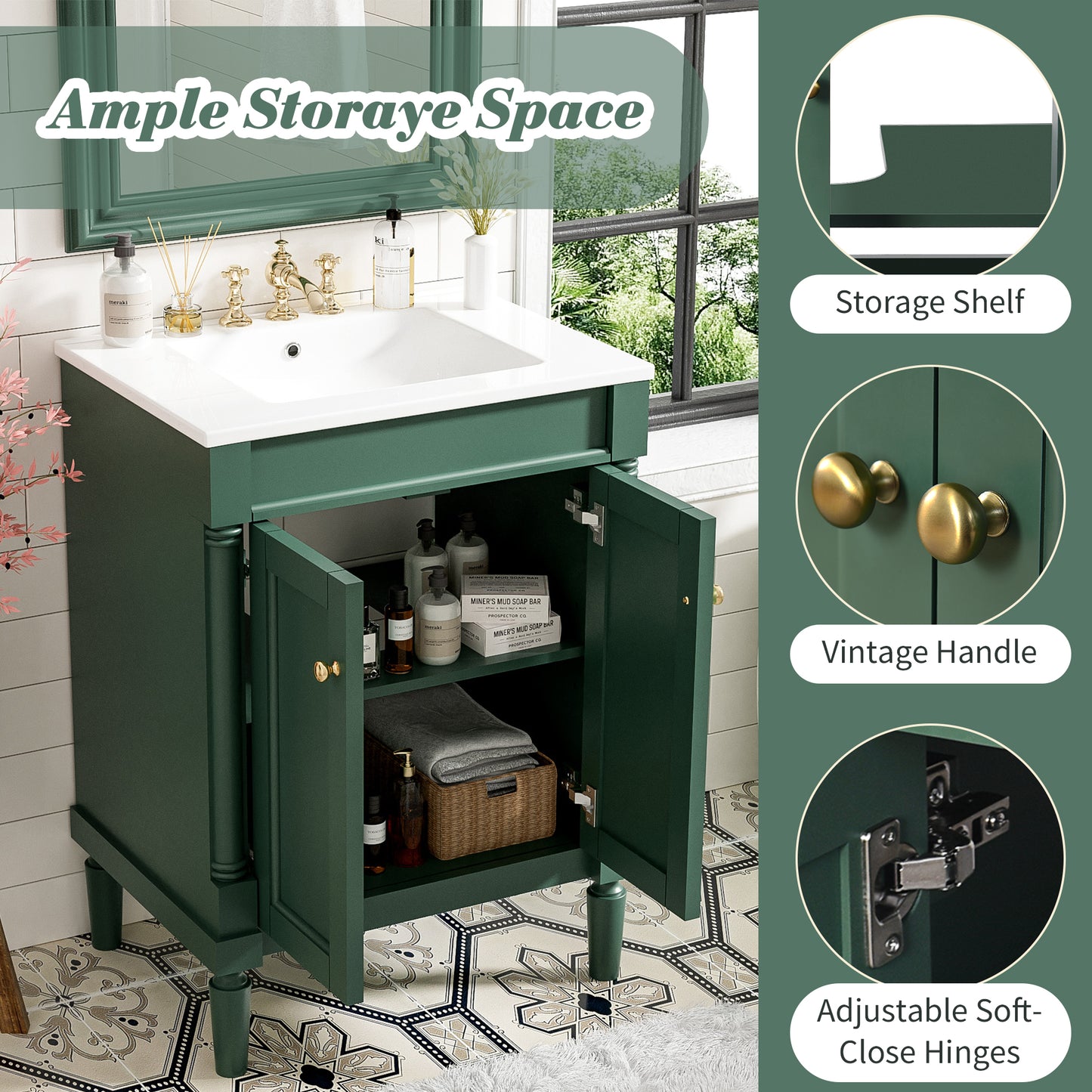 VanityFus 24-in Green Bathroom Vanity Single Sink Combo with Ceramic Top Undermount 2 Soft Close Doors