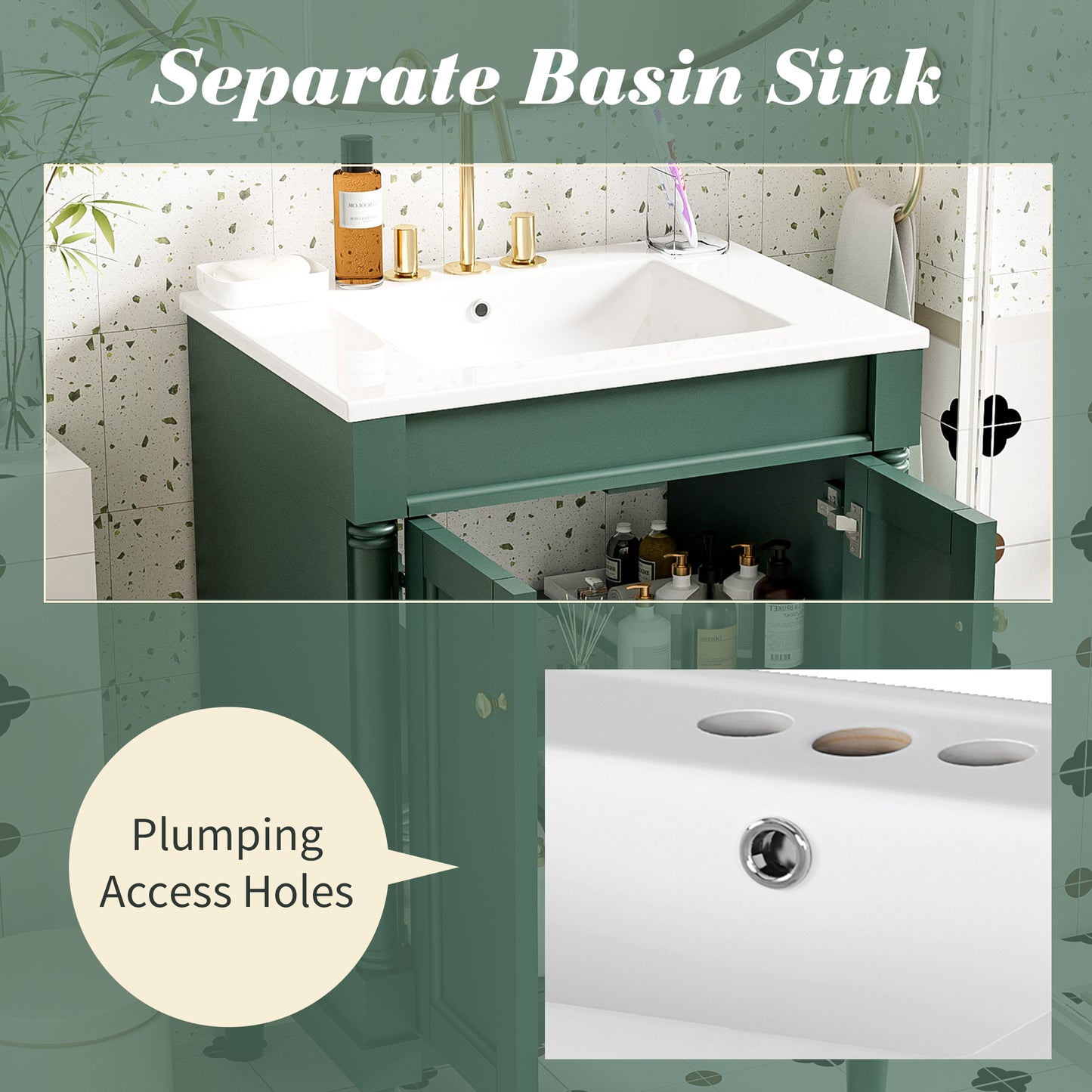 VanityFus 24-in Green Bathroom Vanity Single Sink Combo with Ceramic Top Undermount 2 Soft Close Doors