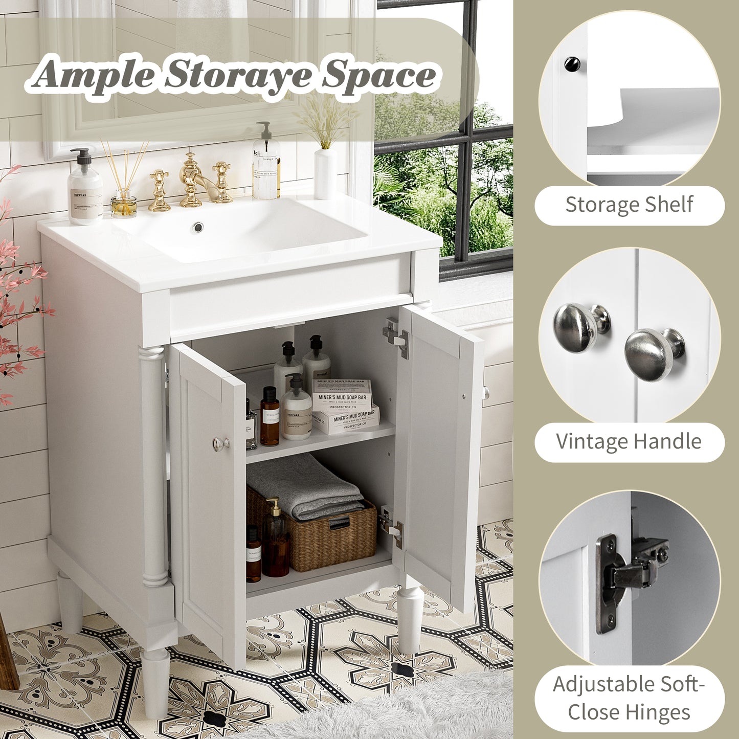 VanityFus 24-in White Bathroom Vanity Single Sink Combo with Ceramic Top Undermount 2 Soft Close Doors