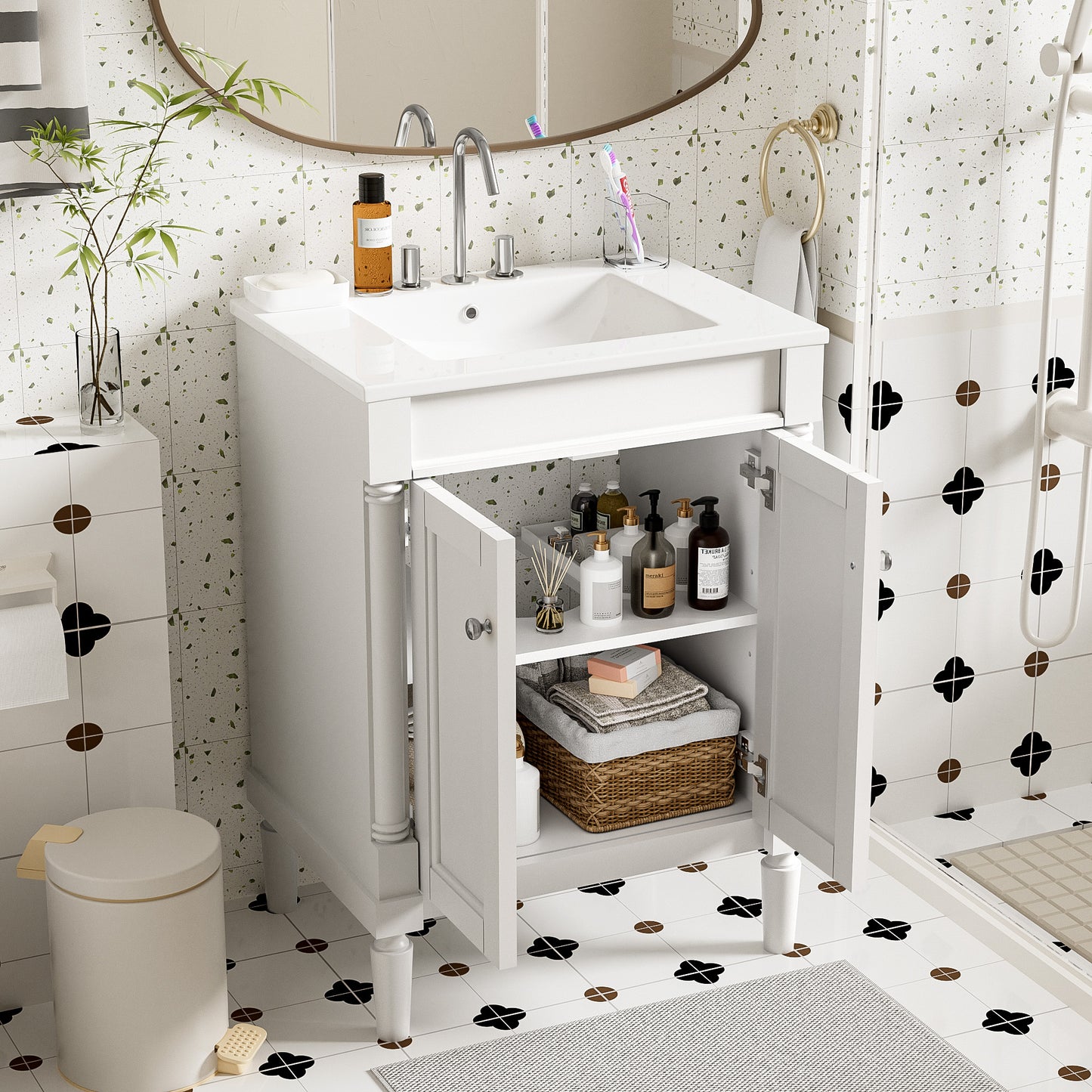 VanityFus 24-in White Bathroom Vanity Single Sink Combo with Ceramic Top Undermount 2 Soft Close Doors