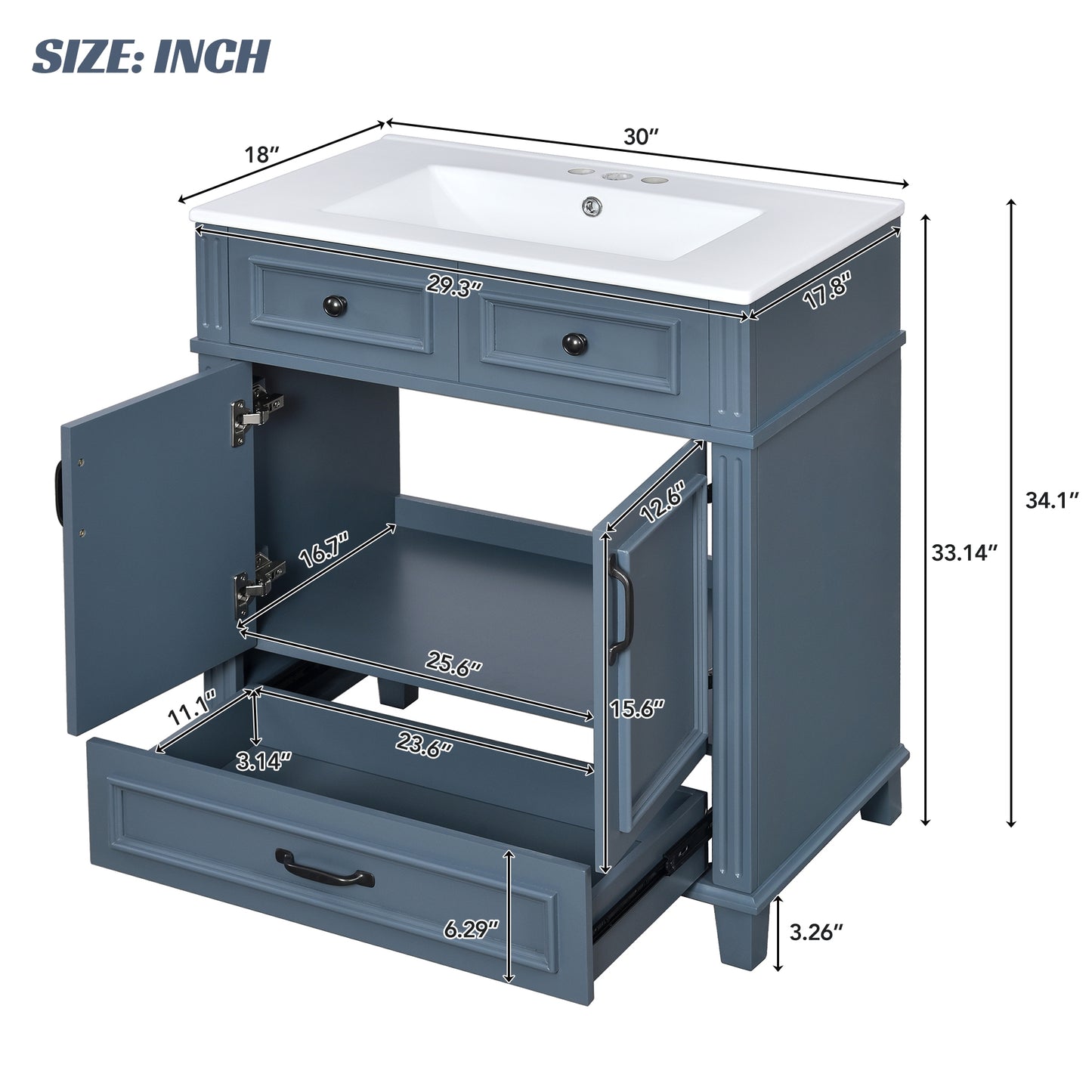 VanityFus 29.37-in Blue Bathroom Vanity Single Sink Combo with Ceramic Top Undermount 2 Soft Close Doors 1 Drawer