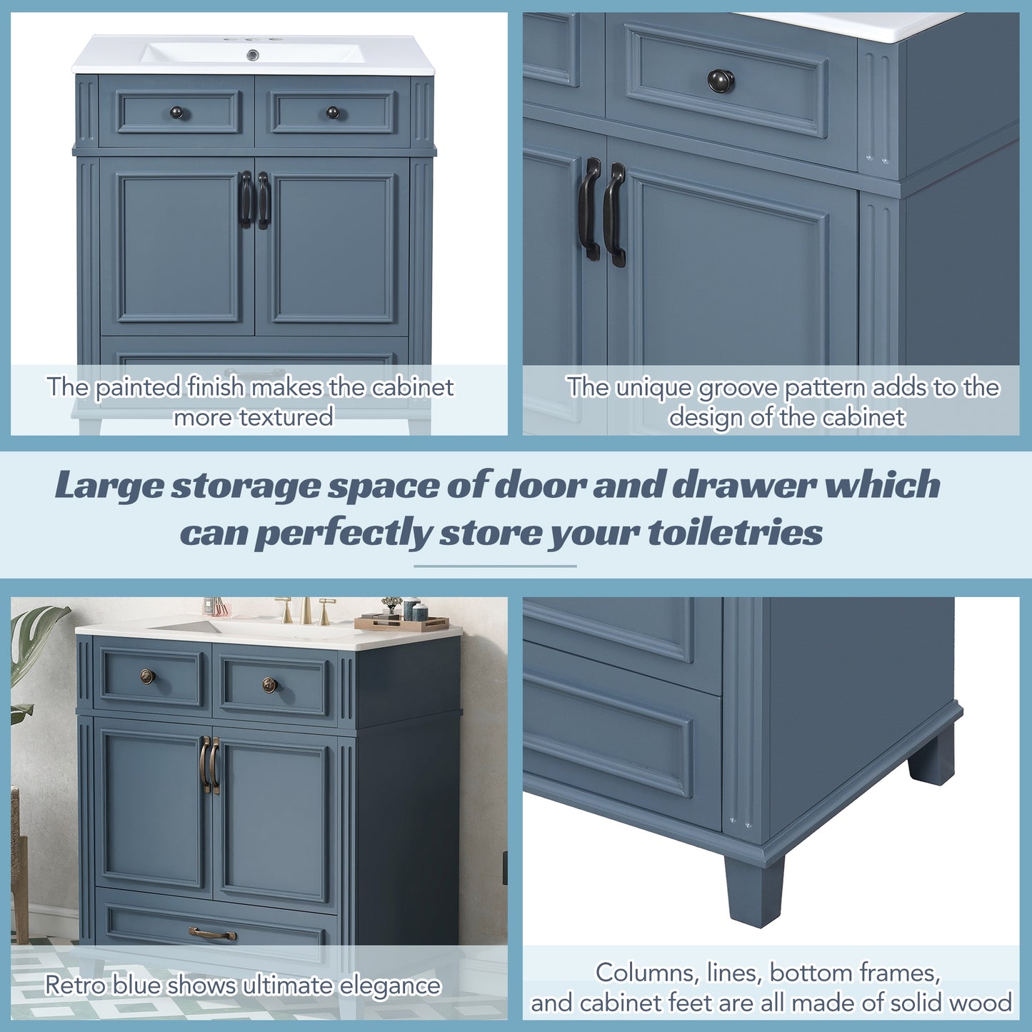 VanityFus 29.37-in Blue Bathroom Vanity Single Sink Combo with Ceramic Top Undermount 2 Soft Close Doors 1 Drawer