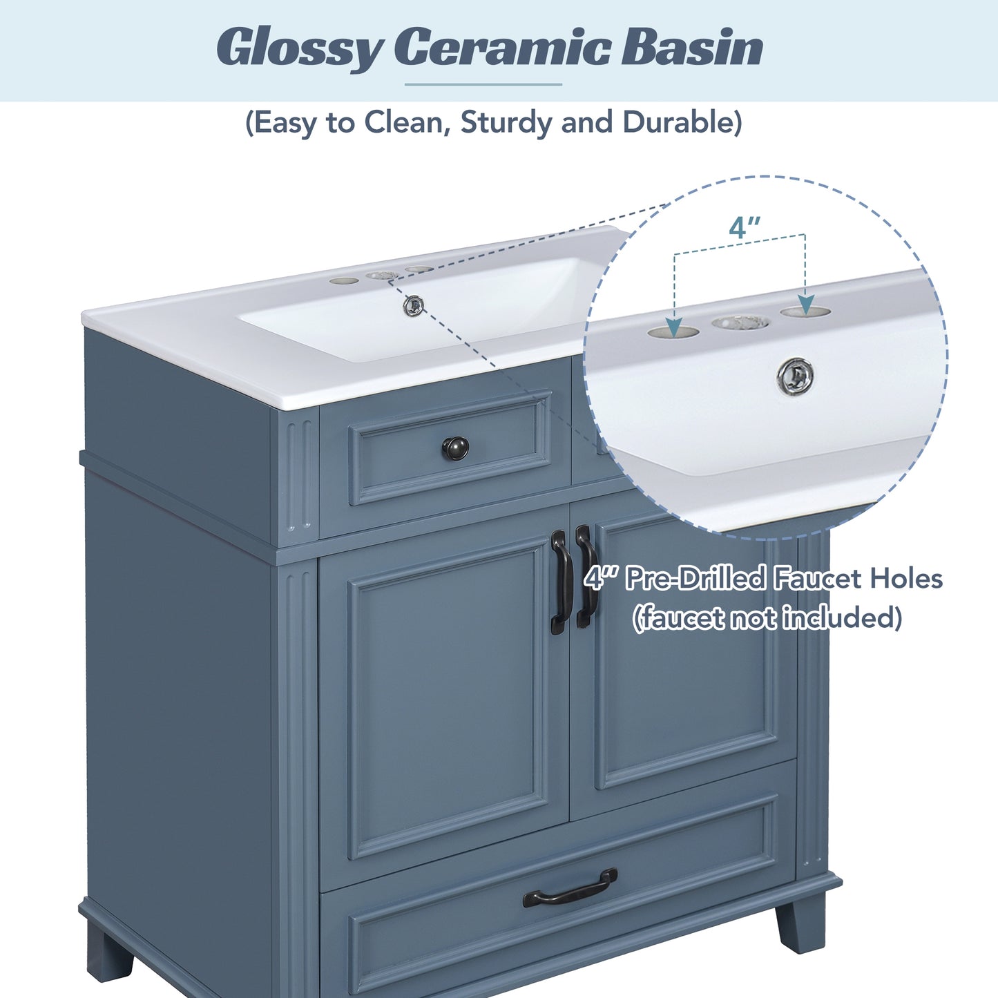 VanityFus 29.37-in Blue Bathroom Vanity Single Sink Combo with Ceramic Top Undermount 2 Soft Close Doors 1 Drawer