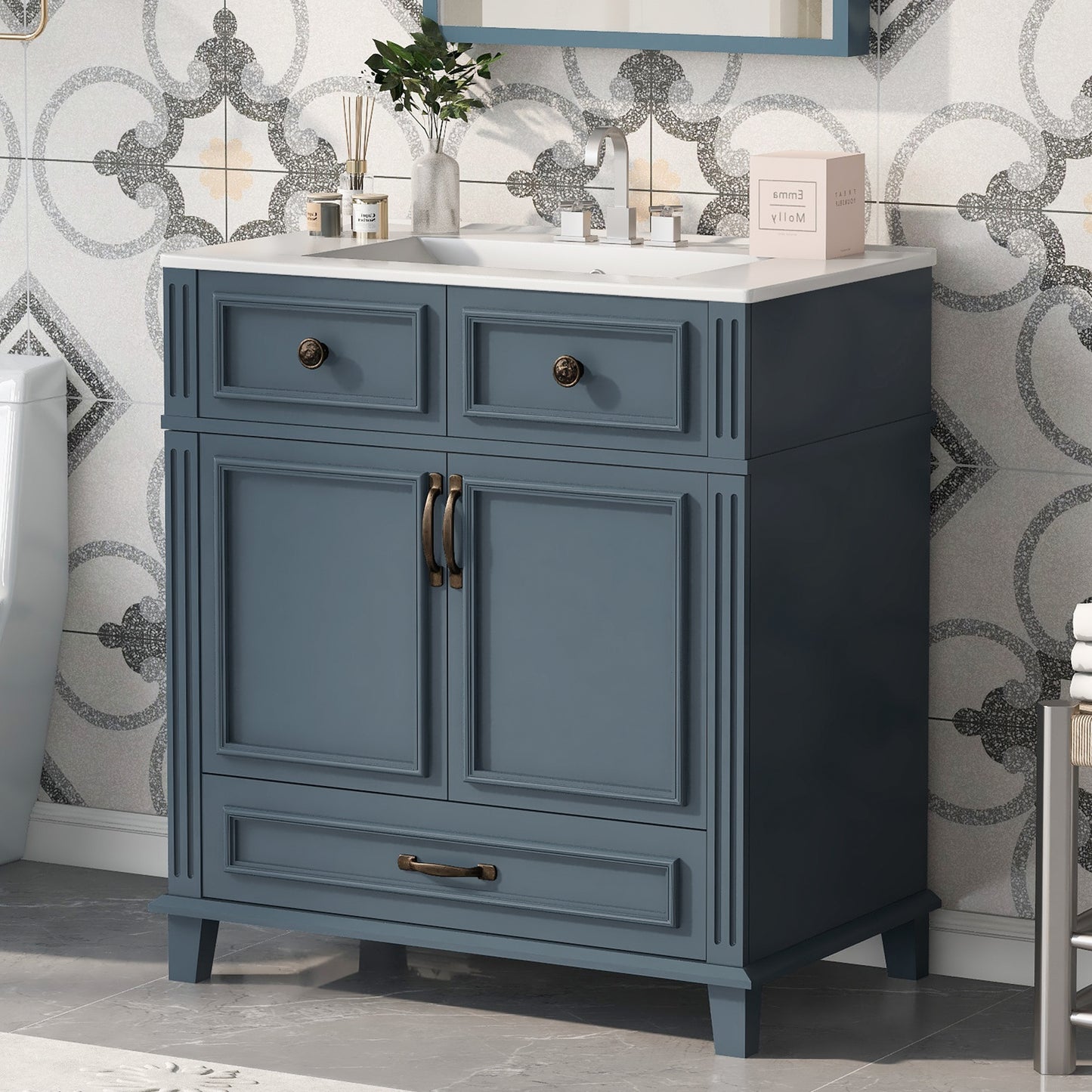VanityFus 29.37-in Blue Bathroom Vanity Single Sink Combo with Ceramic Top Undermount 2 Soft Close Doors 1 Drawer