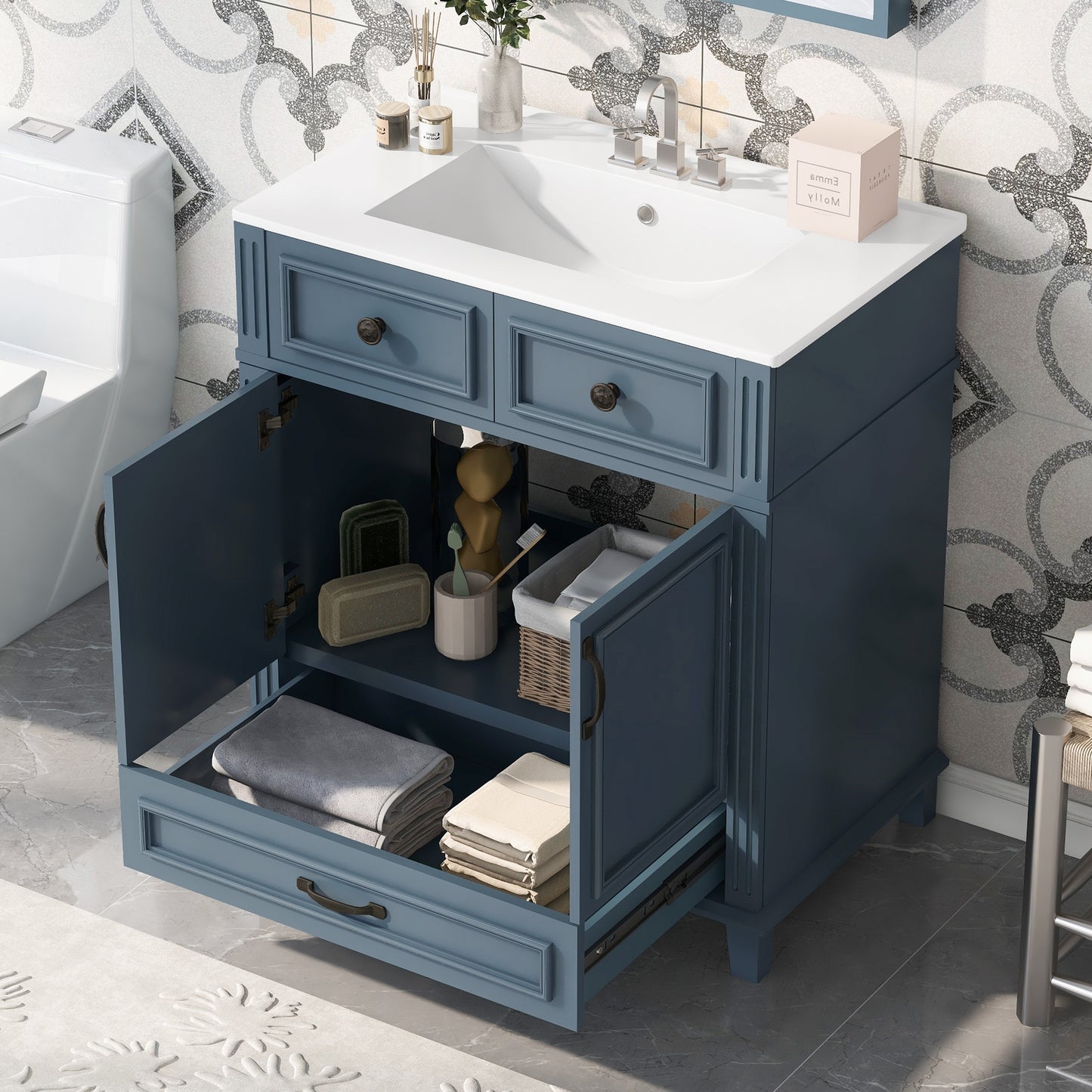 VanityFus 29.37-in Blue Bathroom Vanity Single Sink Combo with Ceramic Top Undermount 2 Soft Close Doors 1 Drawer