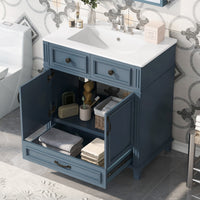 VanityFus 29.37-in Blue Bathroom Vanity Single Sink Combo with Ceramic Top Undermount 2 Soft Close Doors 1 Drawer