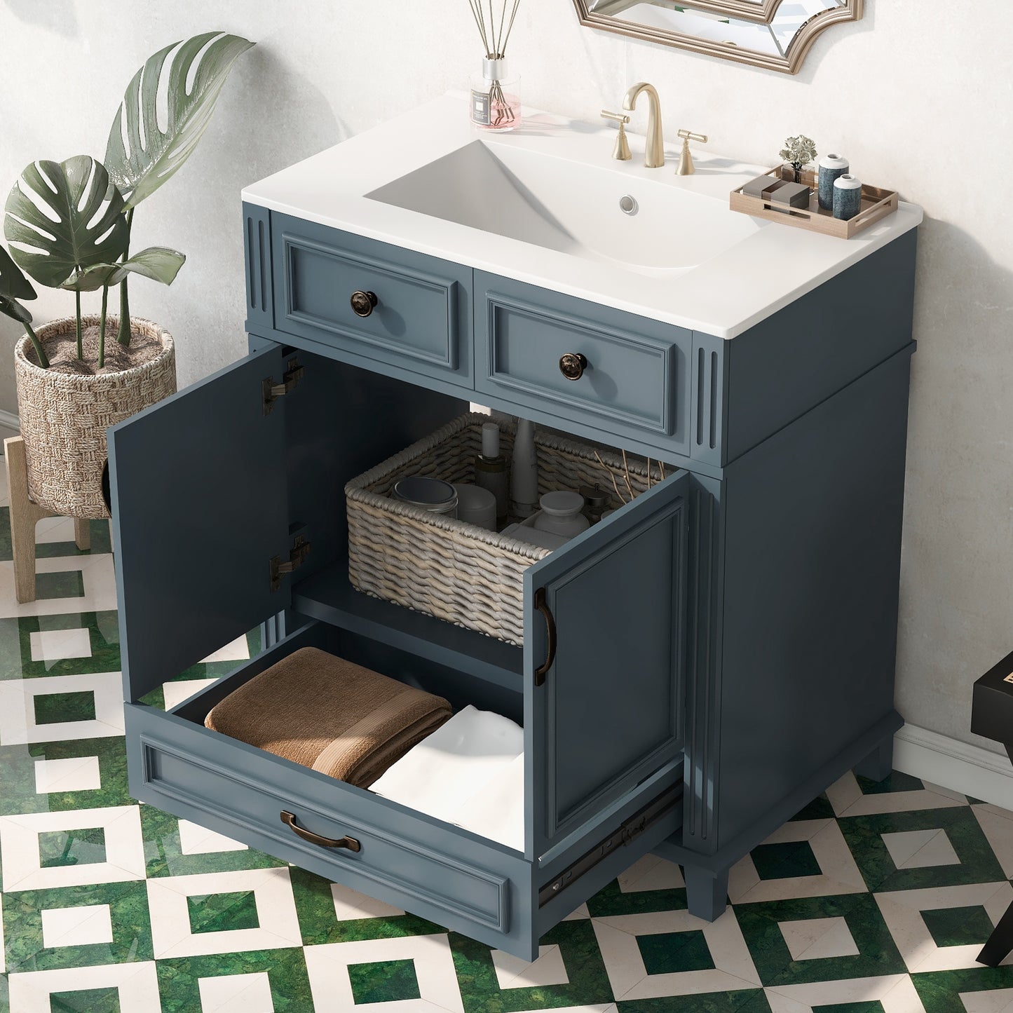 VanityFus 29.37-in Blue Bathroom Vanity Single Sink Combo with Ceramic Top Undermount 2 Soft Close Doors 1 Drawer