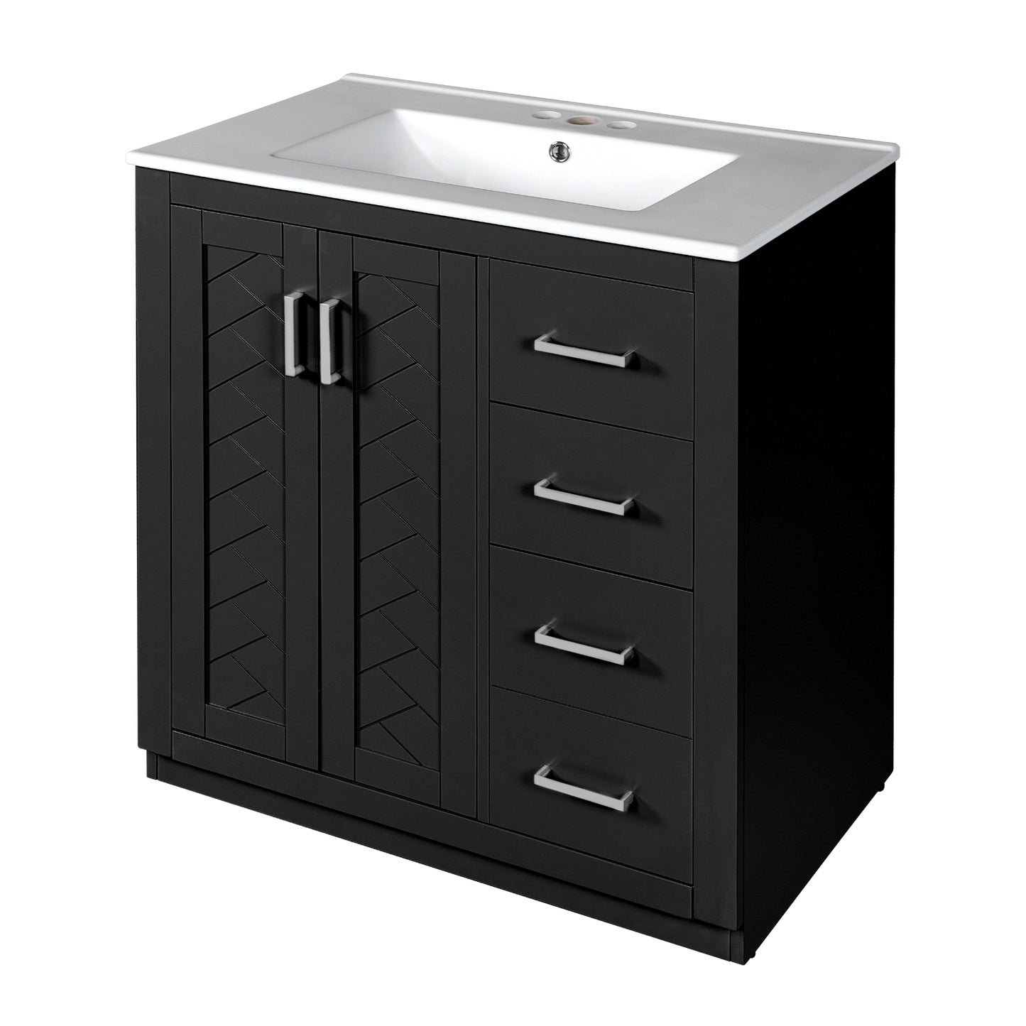 VanityFus 30-in Black Bathroom Vanity Single Sink Combo with Ceramic Top Undermount 2 Soft Close Doors 3 Drawers