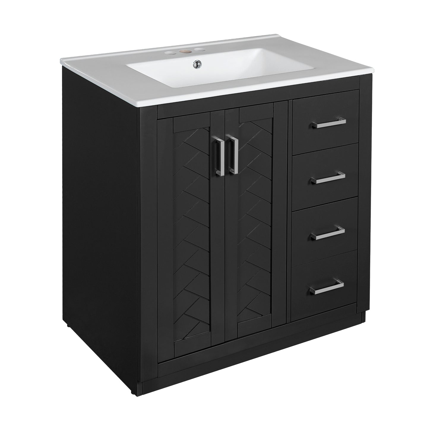 VanityFus 30-in Black Bathroom Vanity Single Sink Combo with Ceramic Top Undermount 2 Soft Close Doors 3 Drawers