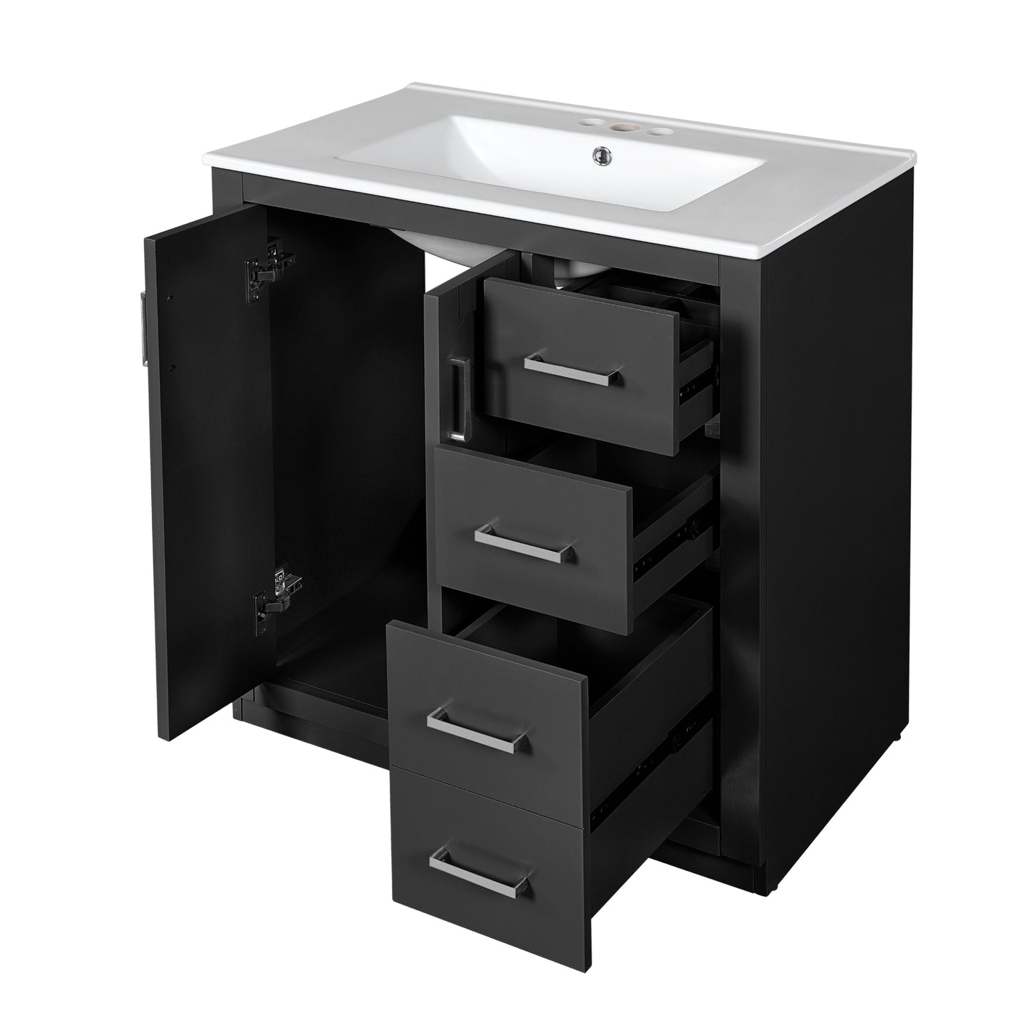 VanityFus 30-in Black Bathroom Vanity Single Sink Combo with Ceramic Top Undermount 2 Soft Close Doors 3 Drawers