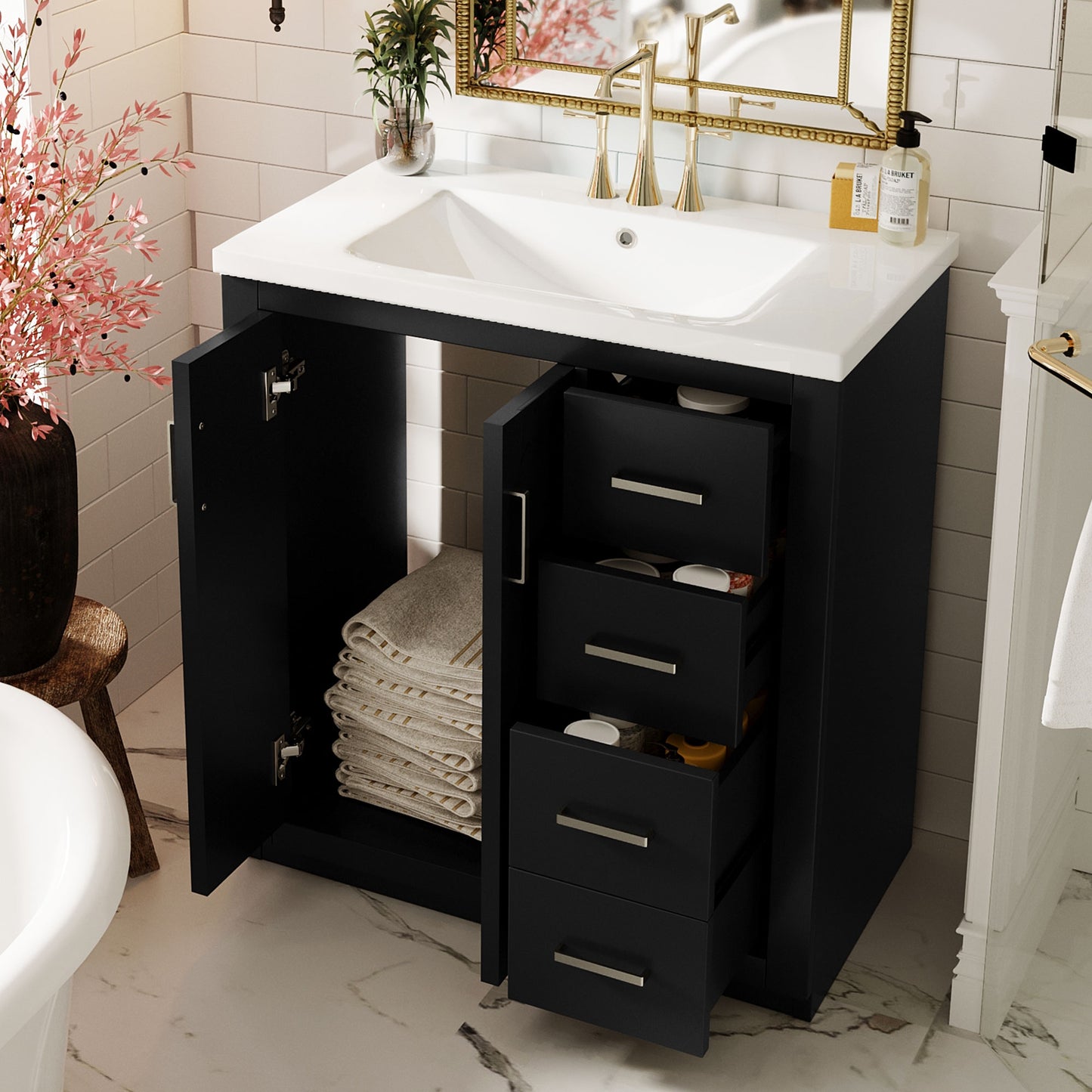 VanityFus 30-in Black Bathroom Vanity Single Sink Combo with Ceramic Top Undermount 2 Soft Close Doors 3 Drawers