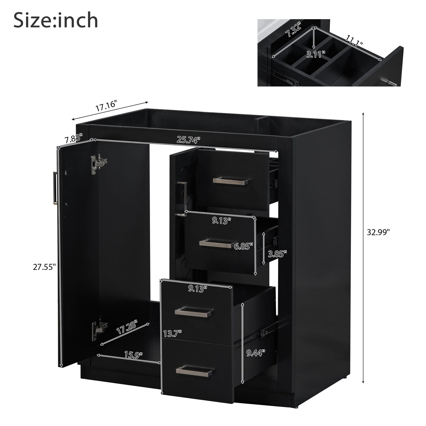 VanityFus 30-in Black Bathroom Vanity Single Sink Combo with Ceramic Top Undermount 2 Soft Close Doors 3 Drawers