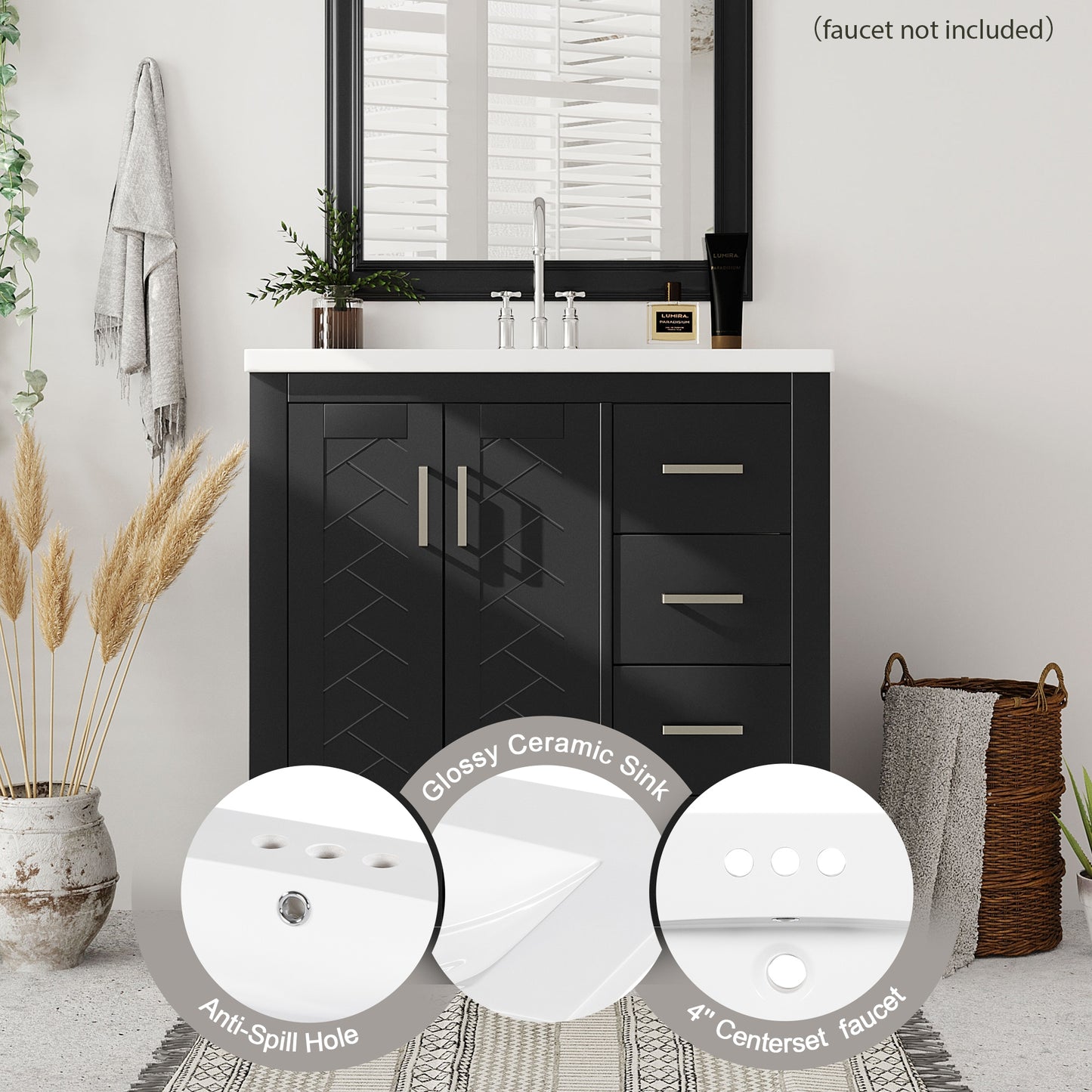 VanityFus 30-in Black Bathroom Vanity Single Sink Combo with Ceramic Top Undermount 2 Soft Close Doors 3 Drawers