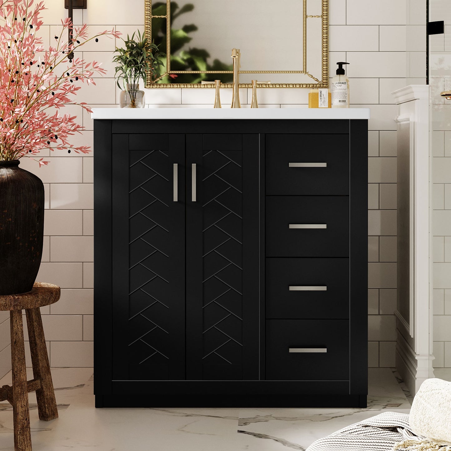 VanityFus 30-in Black Bathroom Vanity Single Sink Combo with Ceramic Top Undermount 2 Soft Close Doors 3 Drawers