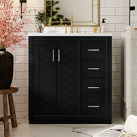 VanityFus 30-in Black Bathroom Vanity Single Sink Combo with Ceramic Top Undermount 2 Soft Close Doors 3 Drawers