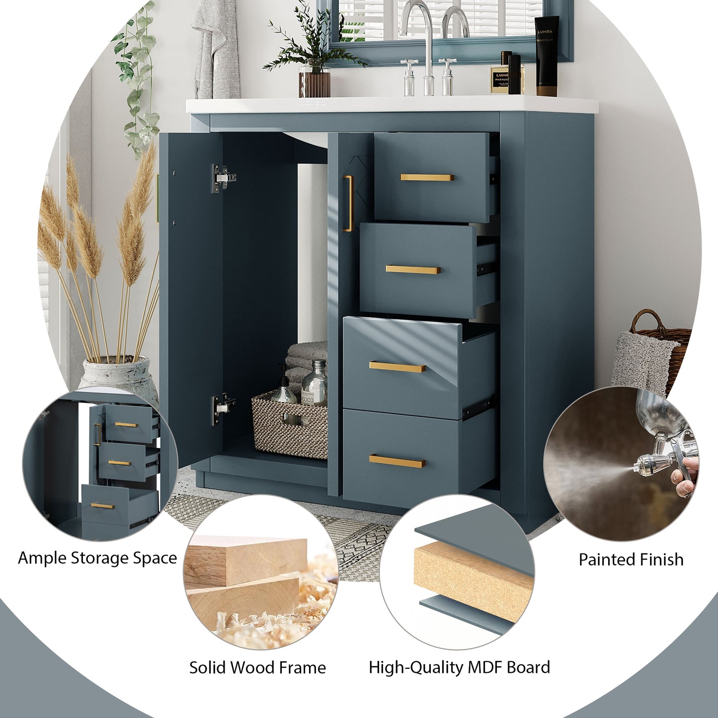 VanityFus 30-in Blue Bathroom Vanity Single Sink Combo with Ceramic Top Undermount 2 Soft Close Doors 3 Drawers