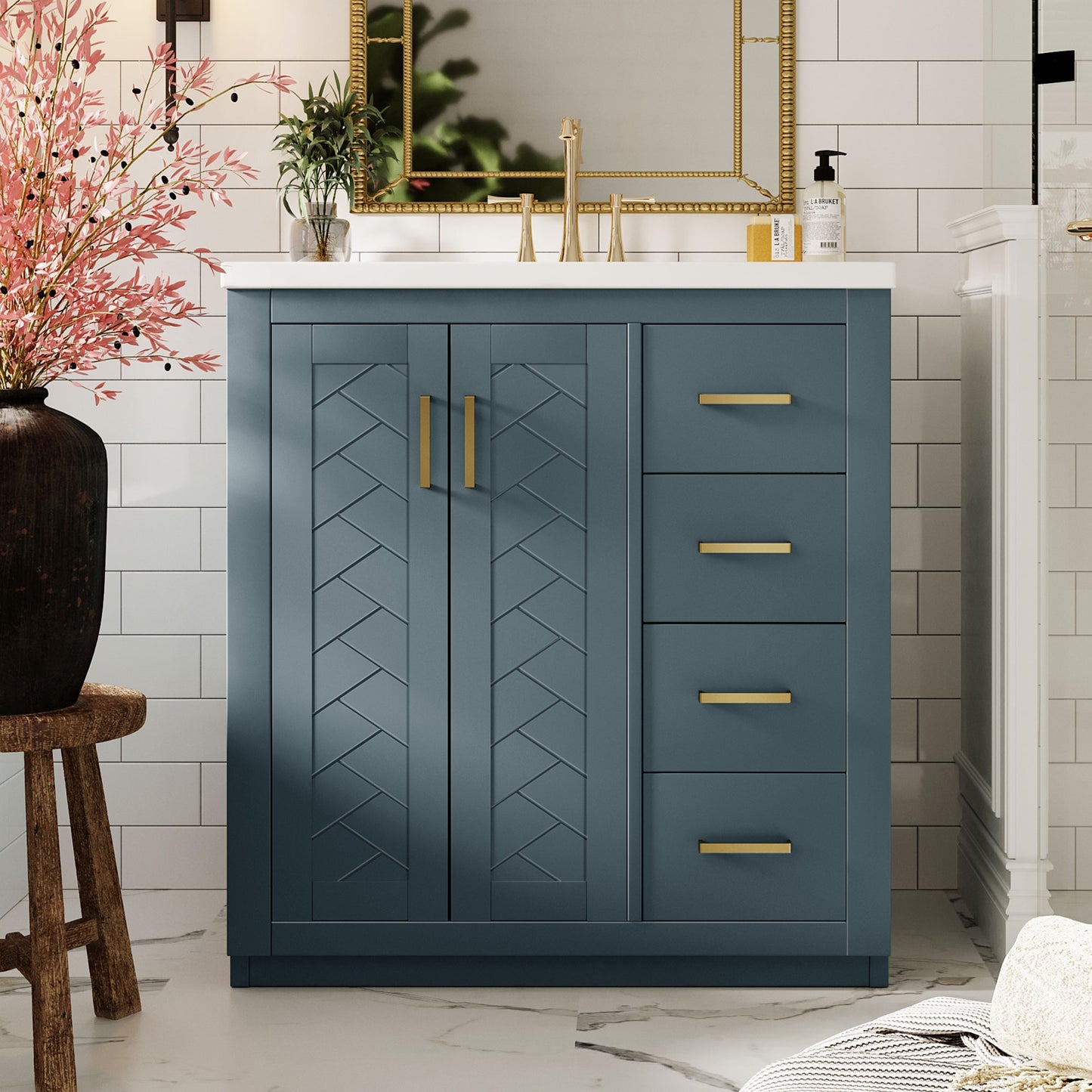 VanityFus 30-in Blue Bathroom Vanity Single Sink Combo with Ceramic Top Undermount 2 Soft Close Doors 3 Drawers