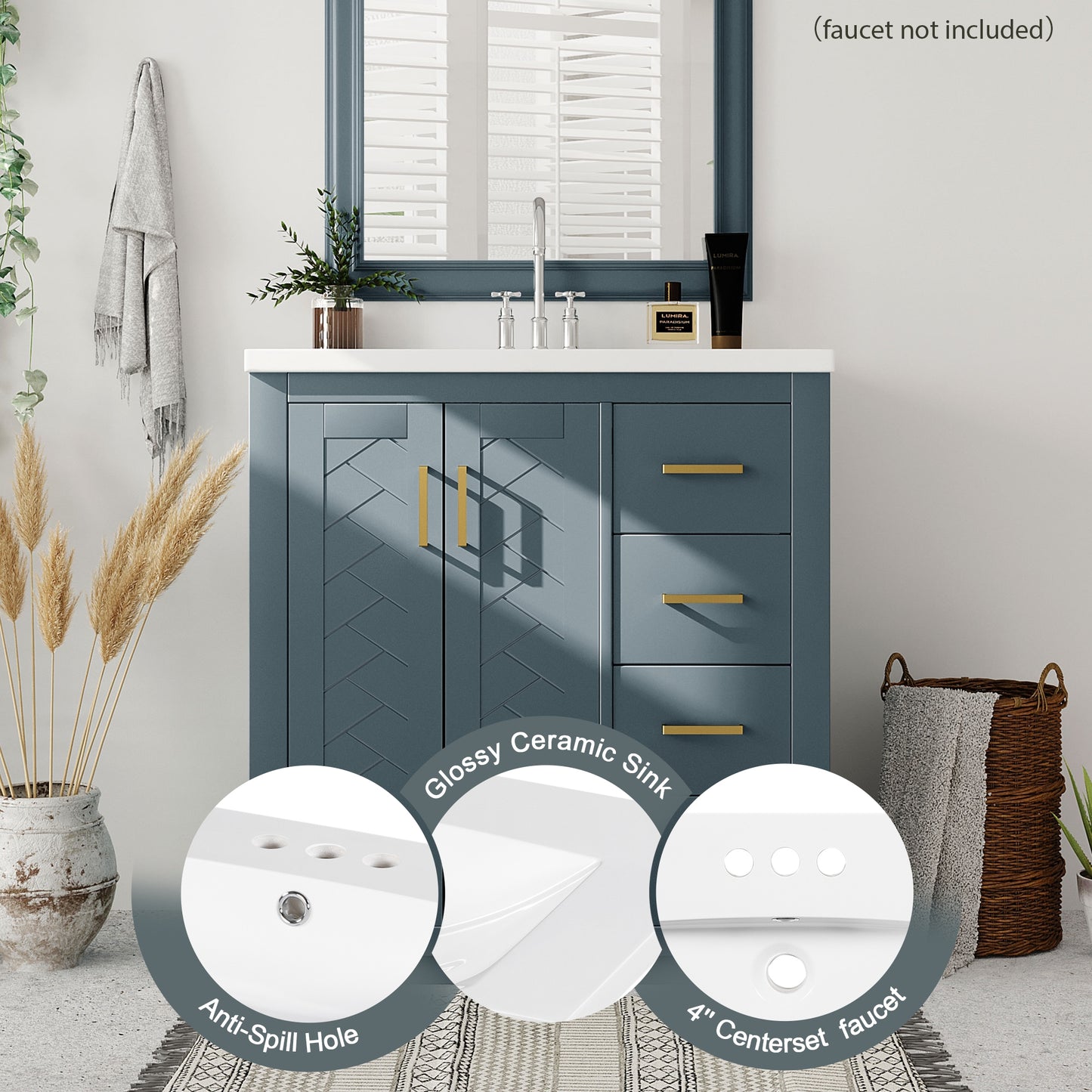 VanityFus 30-in Blue Bathroom Vanity Single Sink Combo with Ceramic Top Undermount 2 Soft Close Doors 3 Drawers