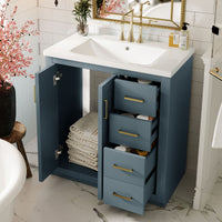 VanityFus 30-in Blue Bathroom Vanity Single Sink Combo with Ceramic Top Undermount 2 Soft Close Doors 3 Drawers