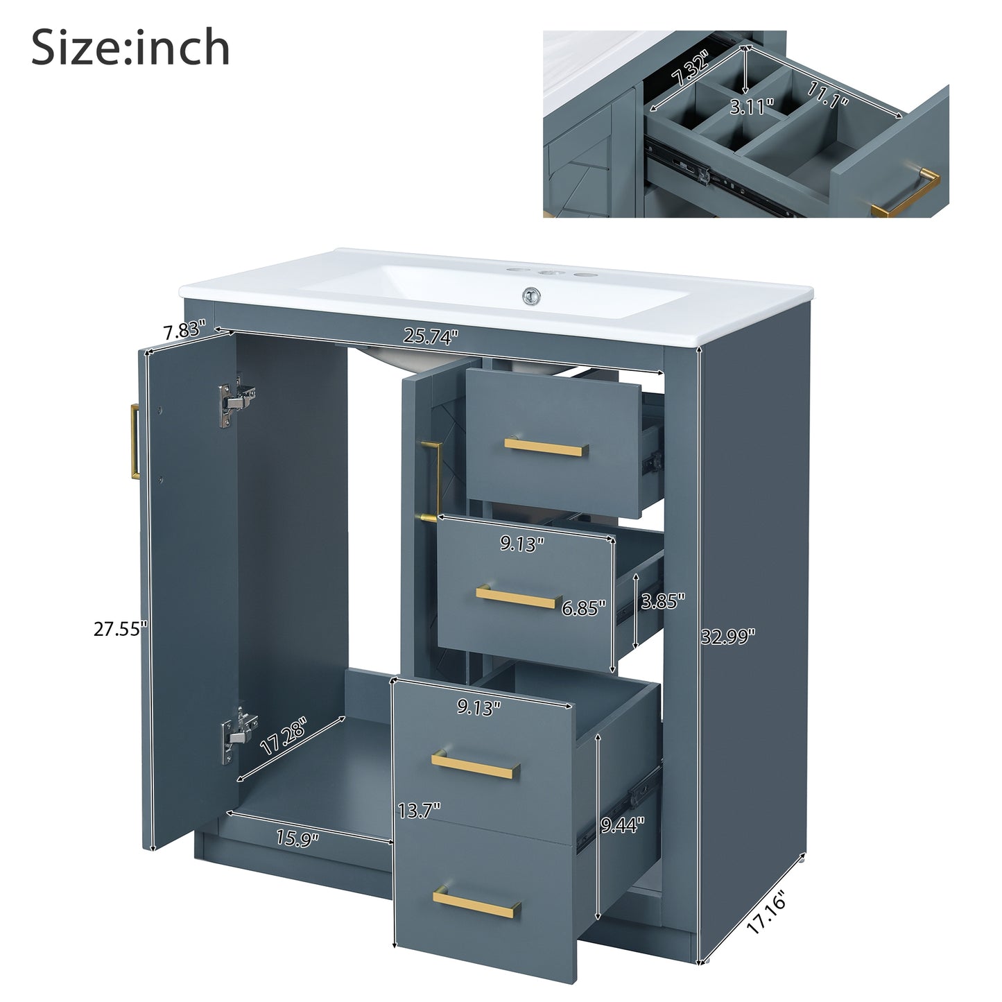 VanityFus 30-in Blue Bathroom Vanity Single Sink Combo with Ceramic Top Undermount 2 Soft Close Doors 3 Drawers