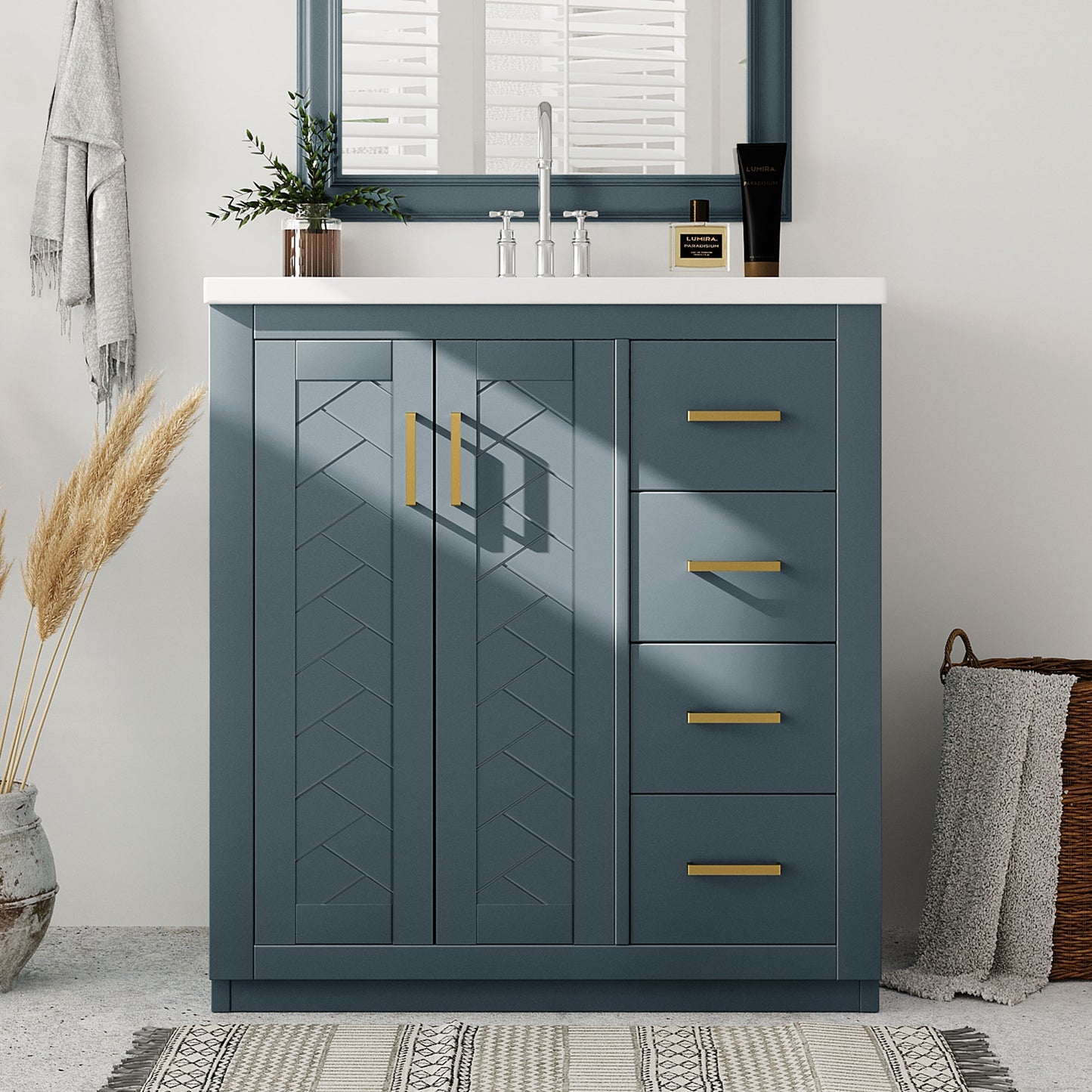 VanityFus 30-in Blue Bathroom Vanity Single Sink Combo with Ceramic Top Undermount 2 Soft Close Doors 3 Drawers