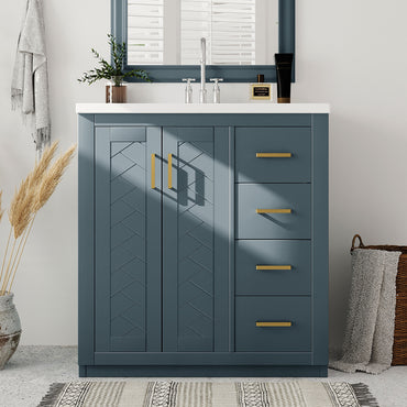 VanityFus 30-in Blue Bathroom Vanity Single Sink Combo with Ceramic Top Undermount 2 Soft Close Doors 3 Drawers