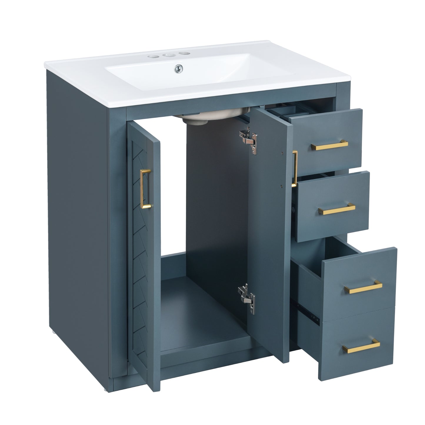 VanityFus 30-in Blue Bathroom Vanity Single Sink Combo with Ceramic Top Undermount 2 Soft Close Doors 3 Drawers