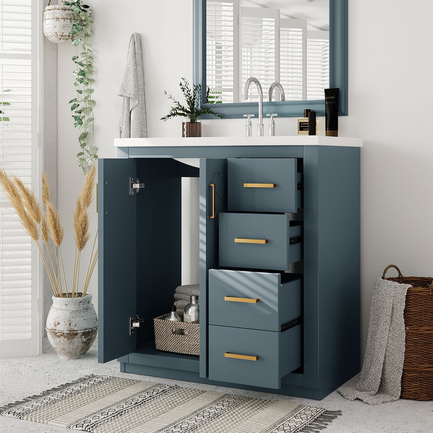 VanityFus 30-in Blue Bathroom Vanity Single Sink Combo with Ceramic Top Undermount 2 Soft Close Doors 3 Drawers