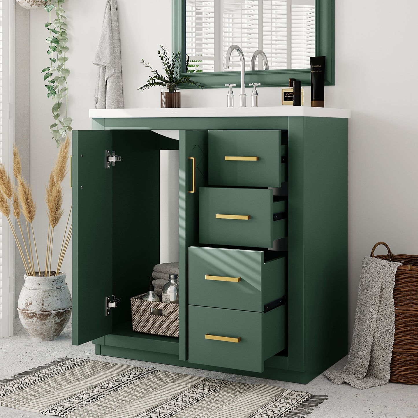 VanityFus 30-in Green Bathroom Vanity Single Sink Combo with Ceramic Top Undermount 2 Soft Close Doors 3 Drawers