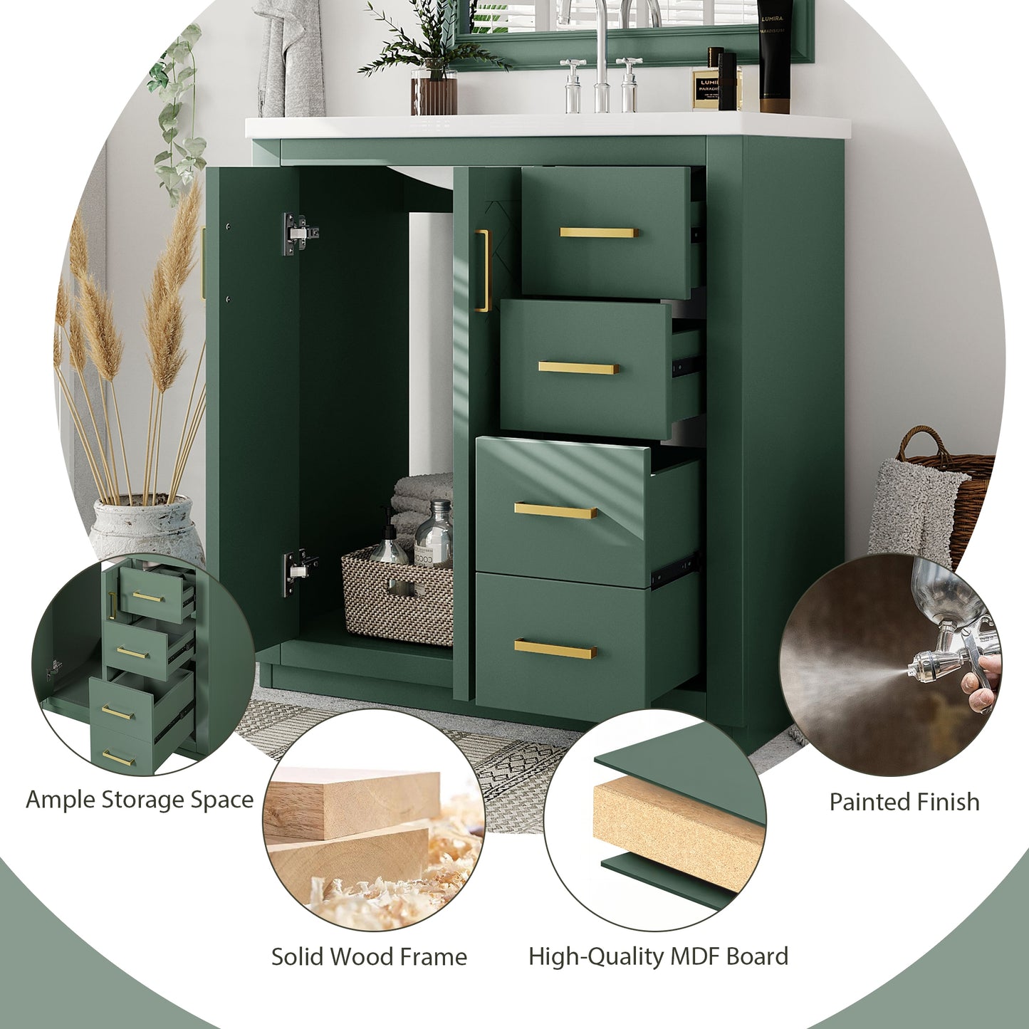 VanityFus 30-in Green Bathroom Vanity Single Sink Combo with Ceramic Top Undermount 2 Soft Close Doors 3 Drawers
