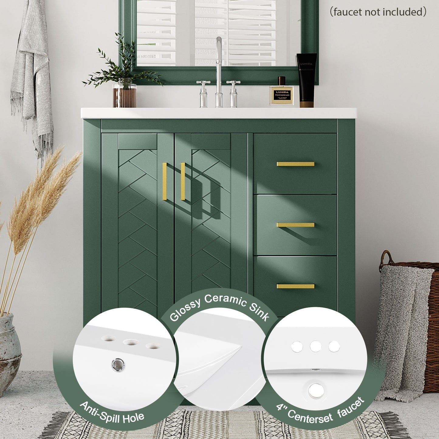 VanityFus 30-in Green Bathroom Vanity Single Sink Combo with Ceramic Top Undermount 2 Soft Close Doors 3 Drawers