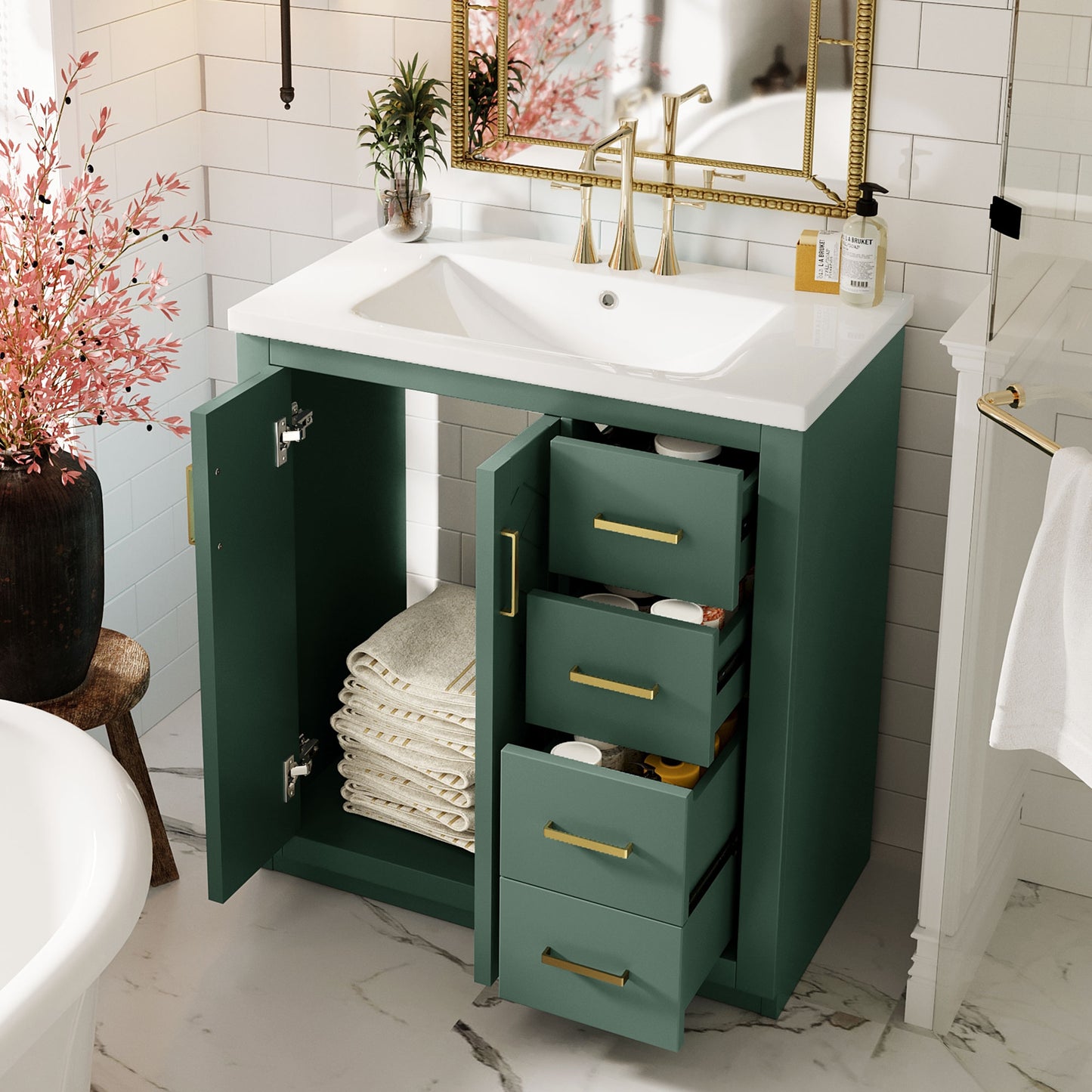 VanityFus 30-in Green Bathroom Vanity Single Sink Combo with Ceramic Top Undermount 2 Soft Close Doors 3 Drawers